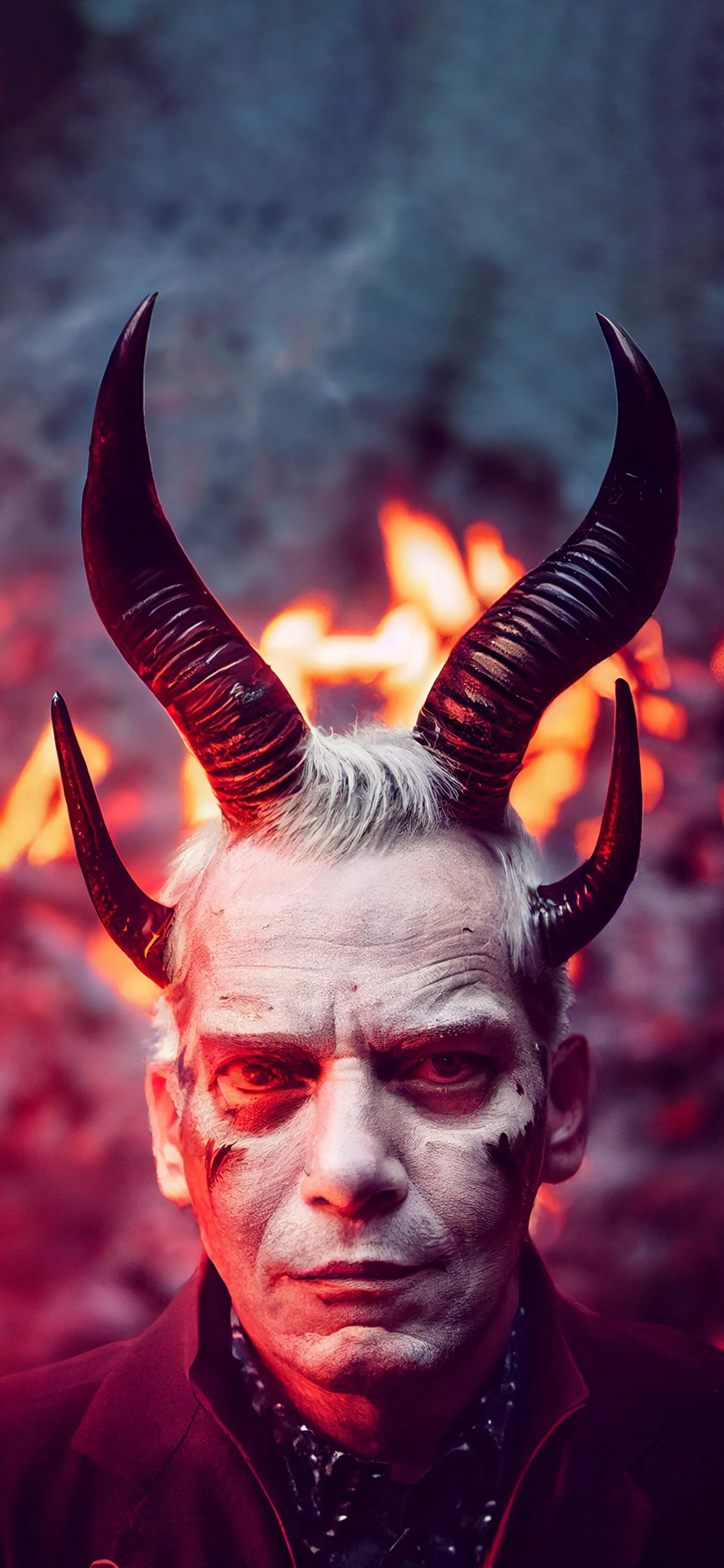 Demon Faced Warrior with Glowing Horns and Fiery Eyes