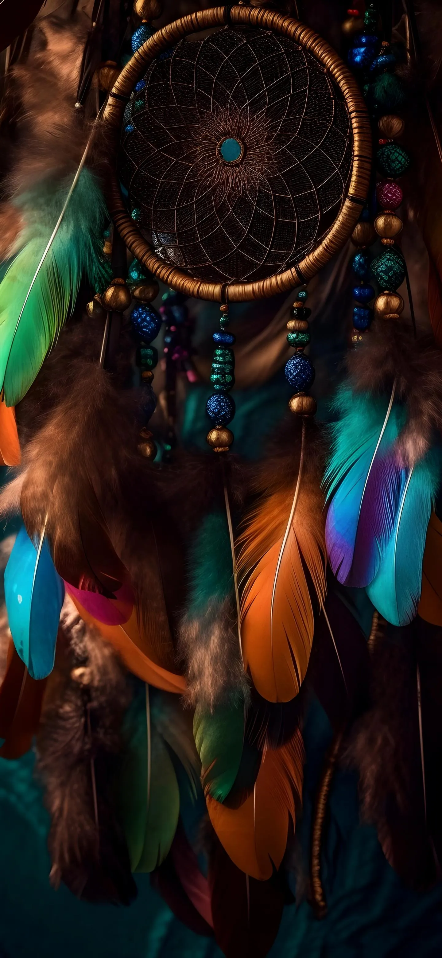 Dreamcatcher Surrounded by Feathers and Glowing Lights