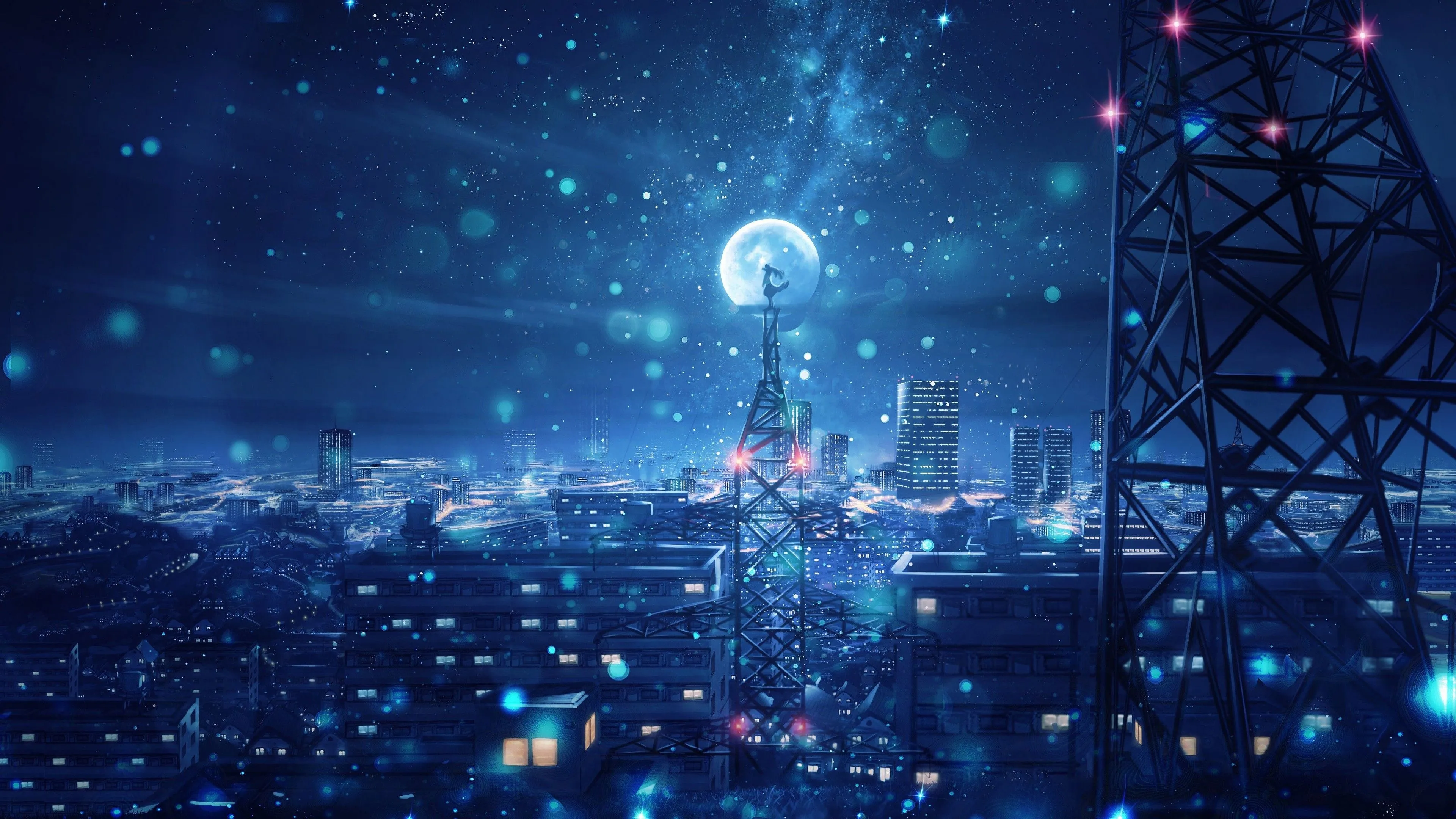 Dreamy city skyline at night with glowing full moon sky