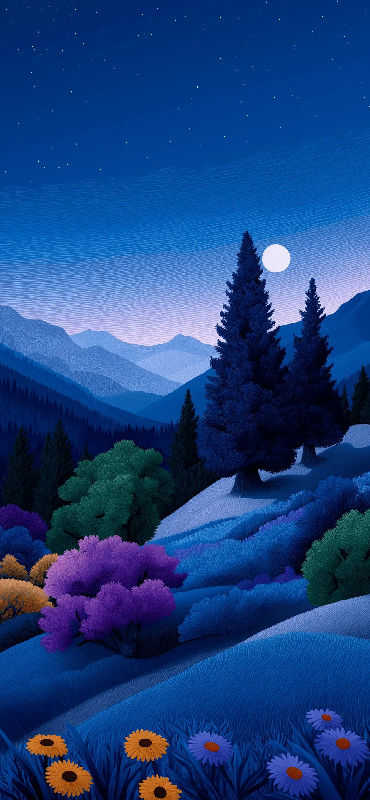 Dreamy landscape with glowing mushrooms and blue hills