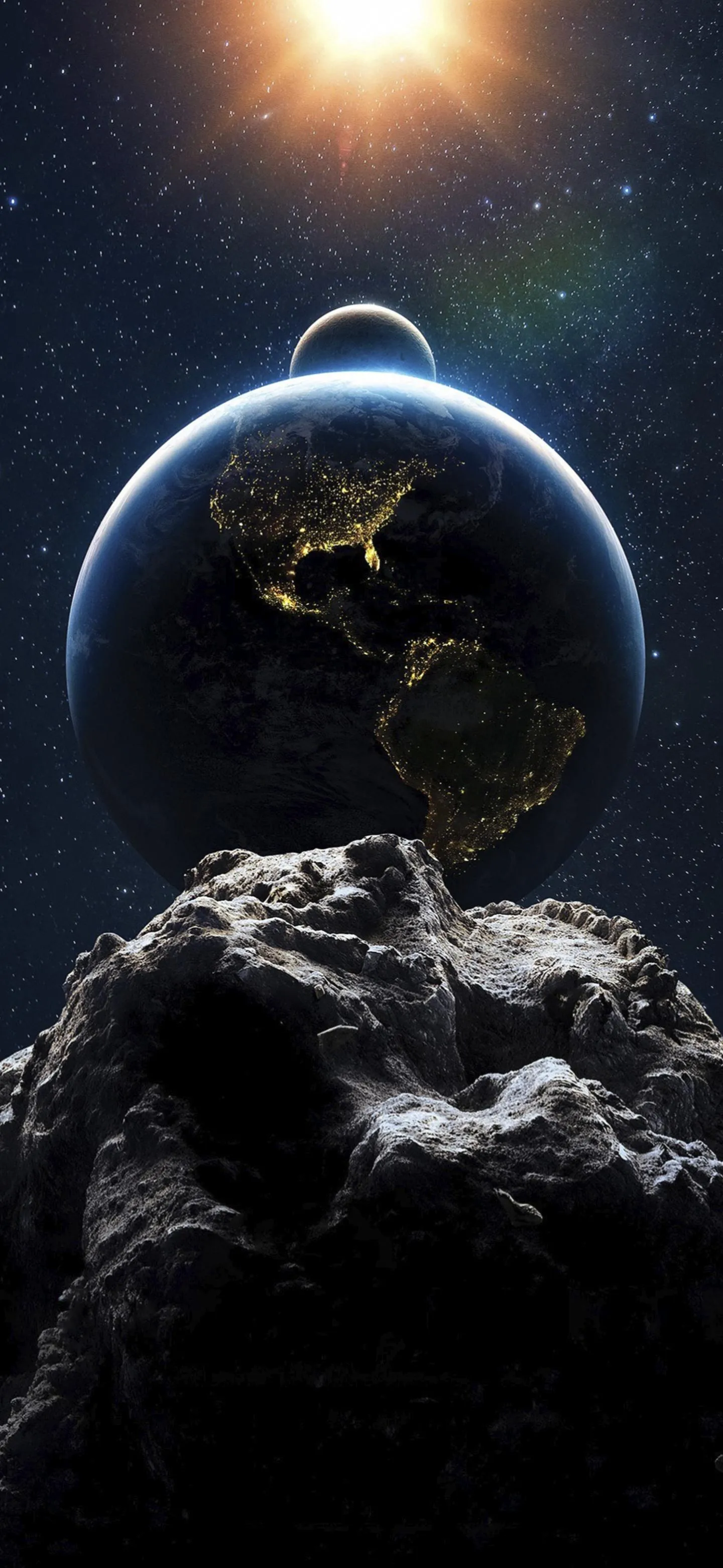 Earth and Moon From Space with Dark Rocky Surface image