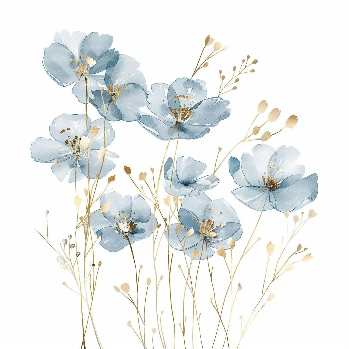 Elegant blue and gold watercolour flowers free 4K Wallpaper