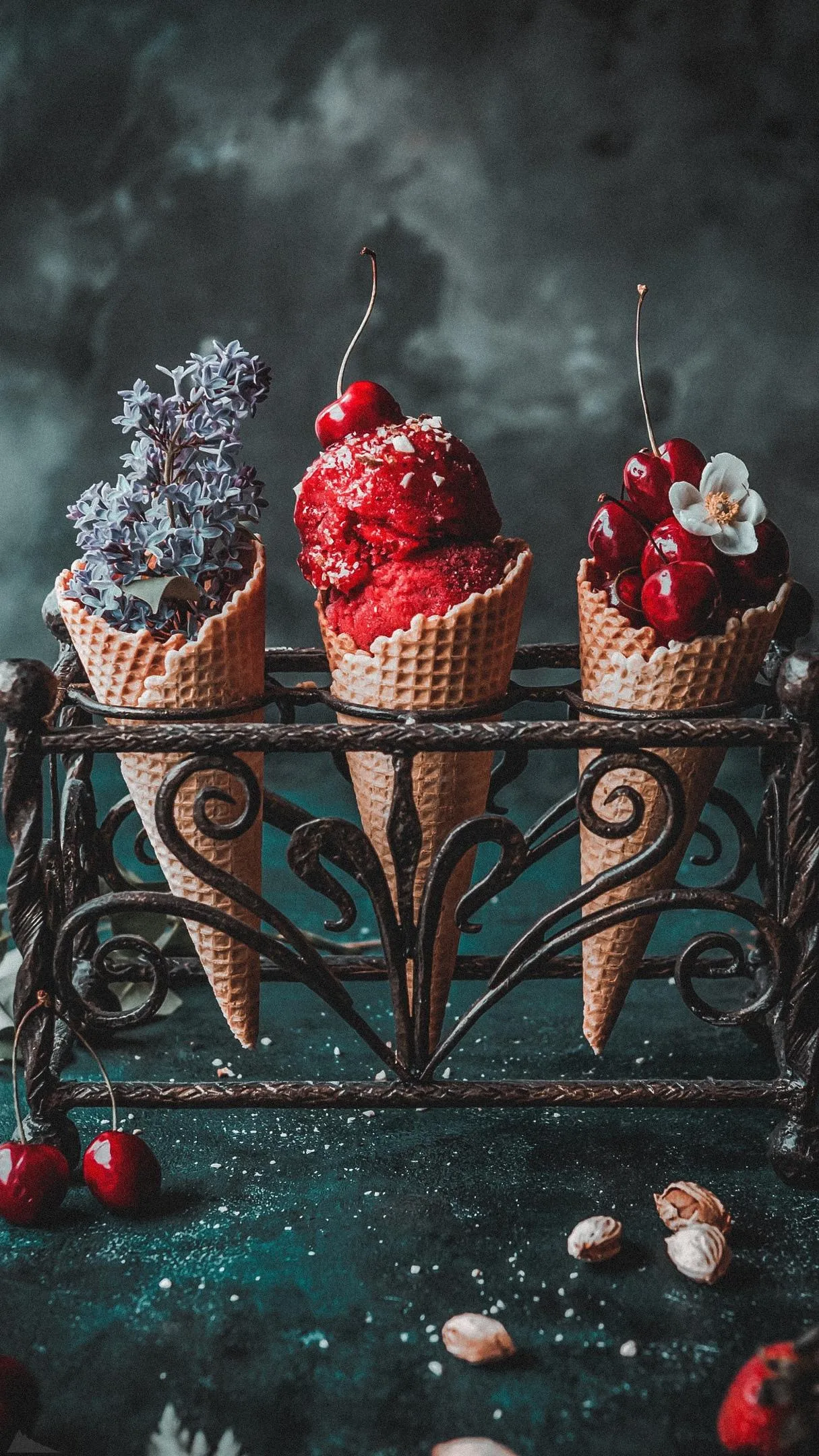 Elegant Ice Cream Cones Filled with Fruit and Flowers
