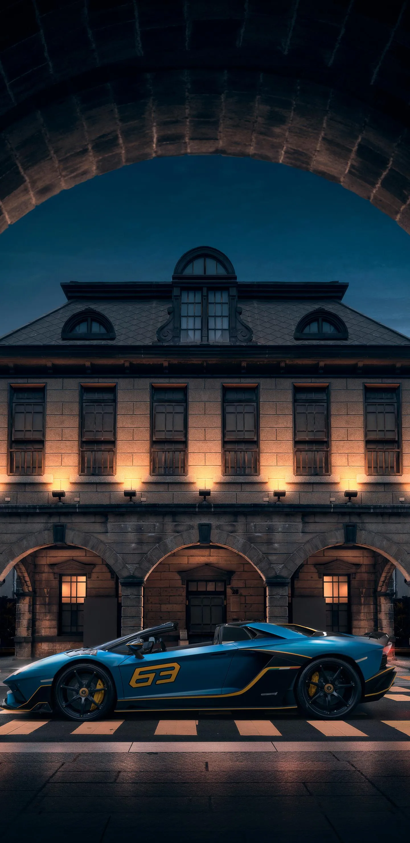 Elegant Night Scene of Classic Building with Vintage Cars