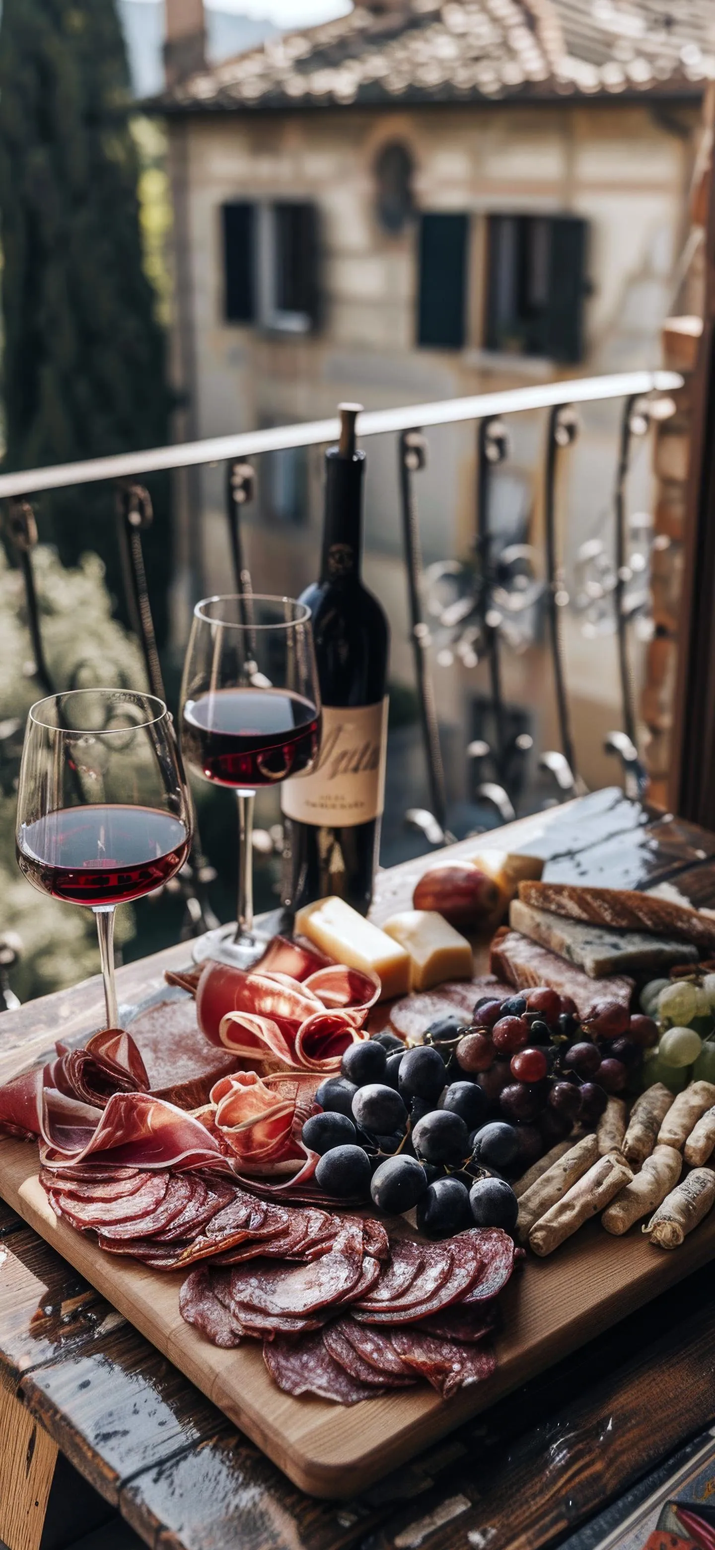 Elegant Wine and Gourmet Charcuterie Board on Balcony View