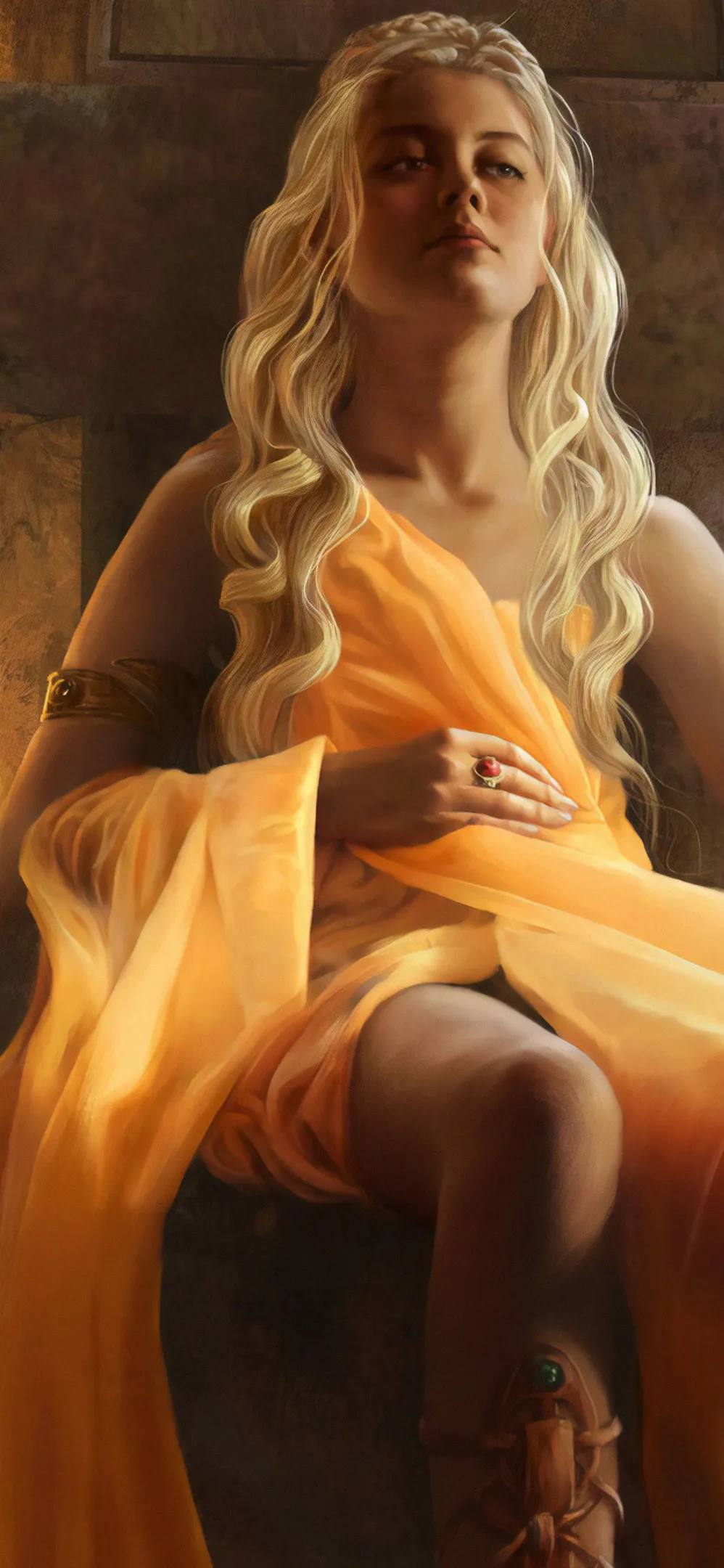 Elegant Woman Sitting in Flowing Yellow Dress Wallpaper