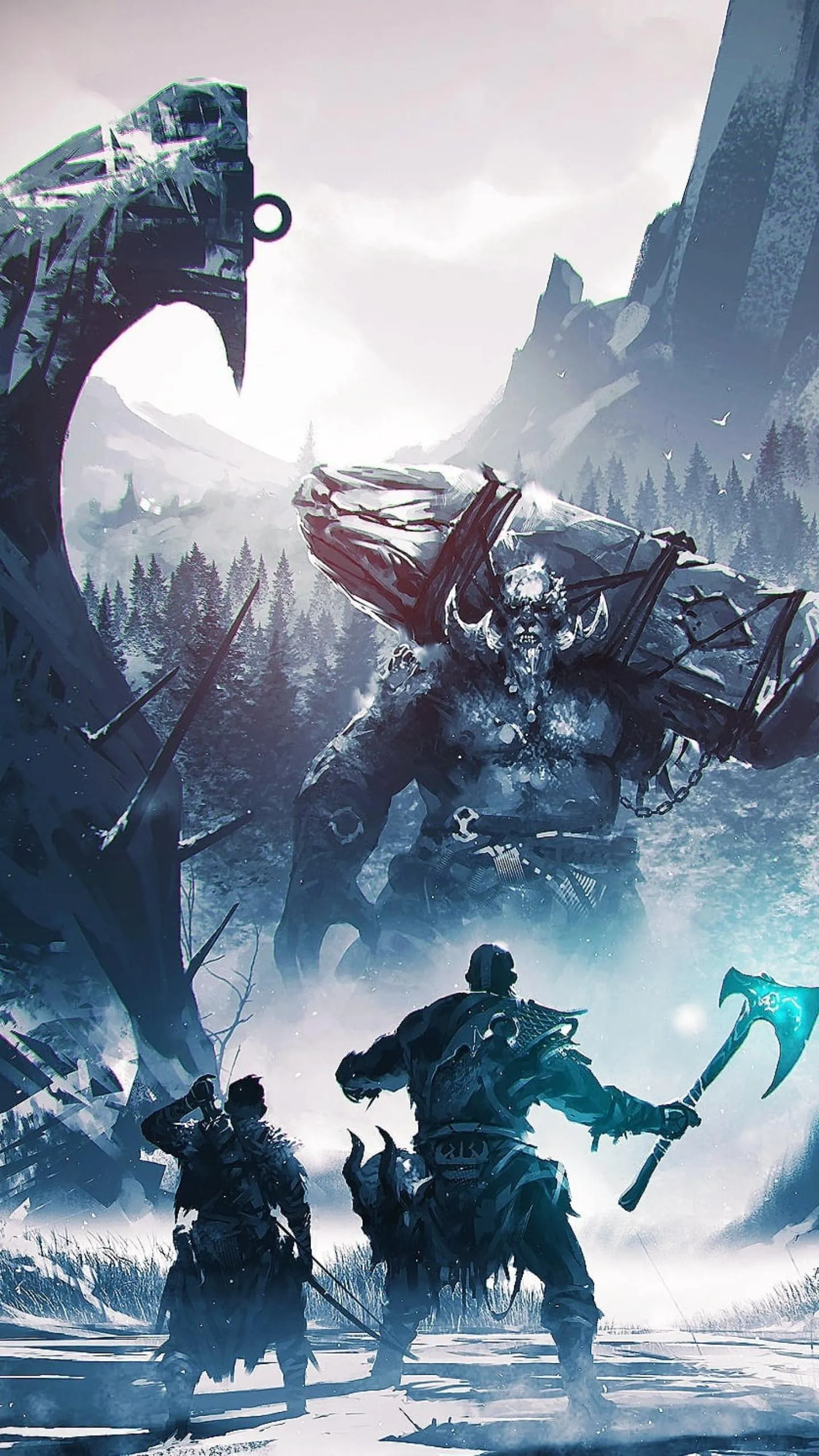 Epic Battle Scene with Warriors in Snowy Mountain Range