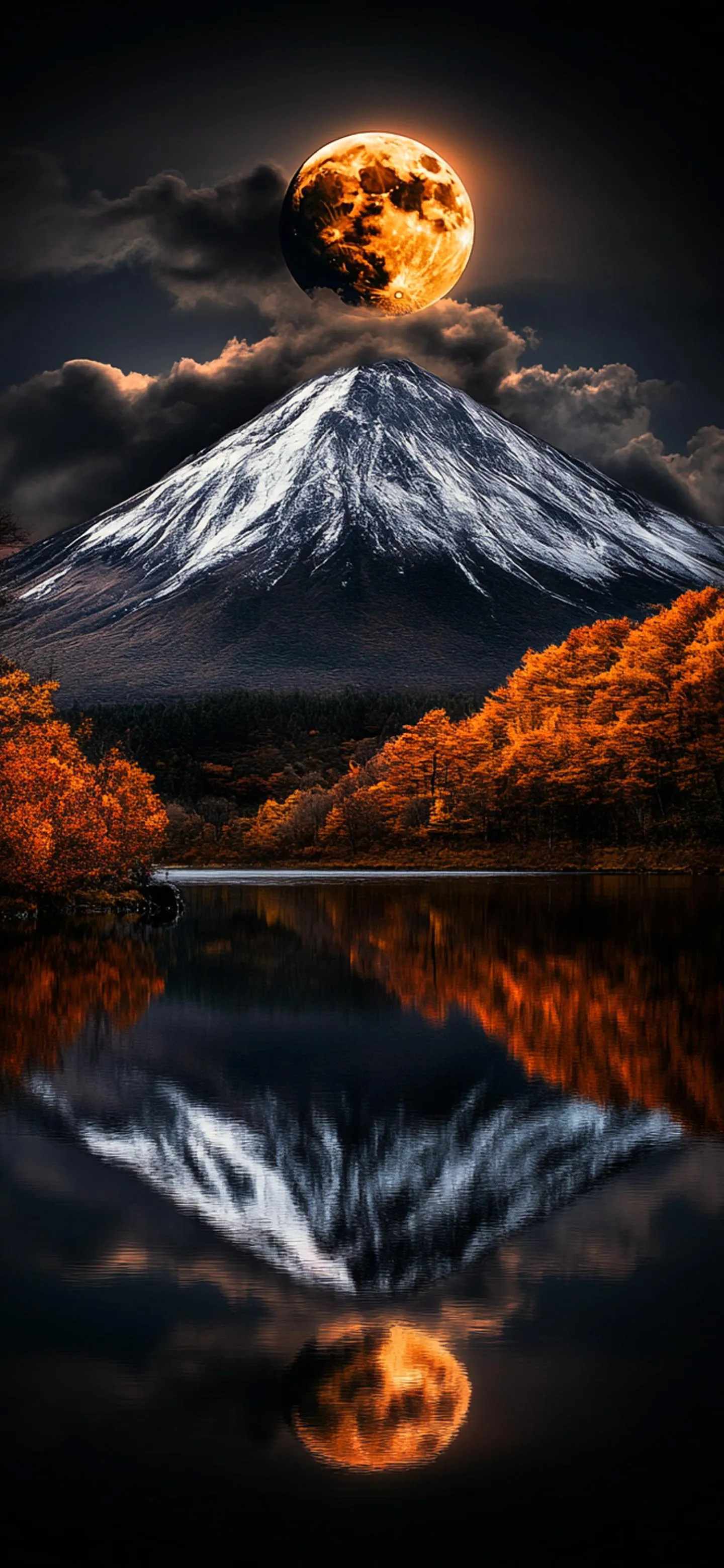 Erupting Volcano with Fiery Clouds and Dark Sky Wallpaper