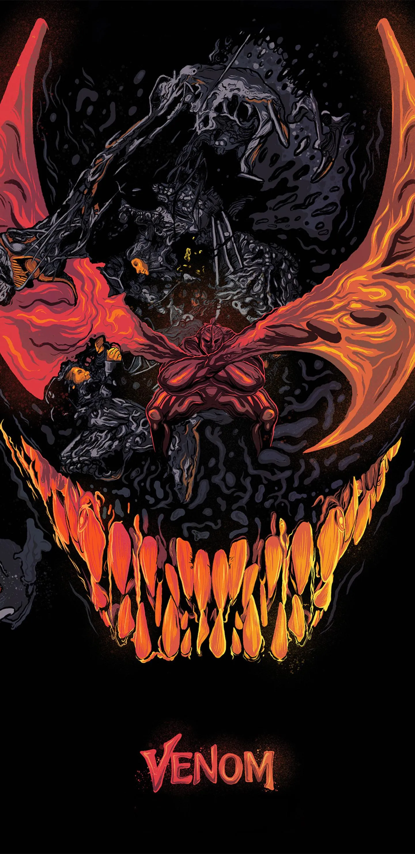 Evil Grinning Face with Fire and Shadow Horror Style