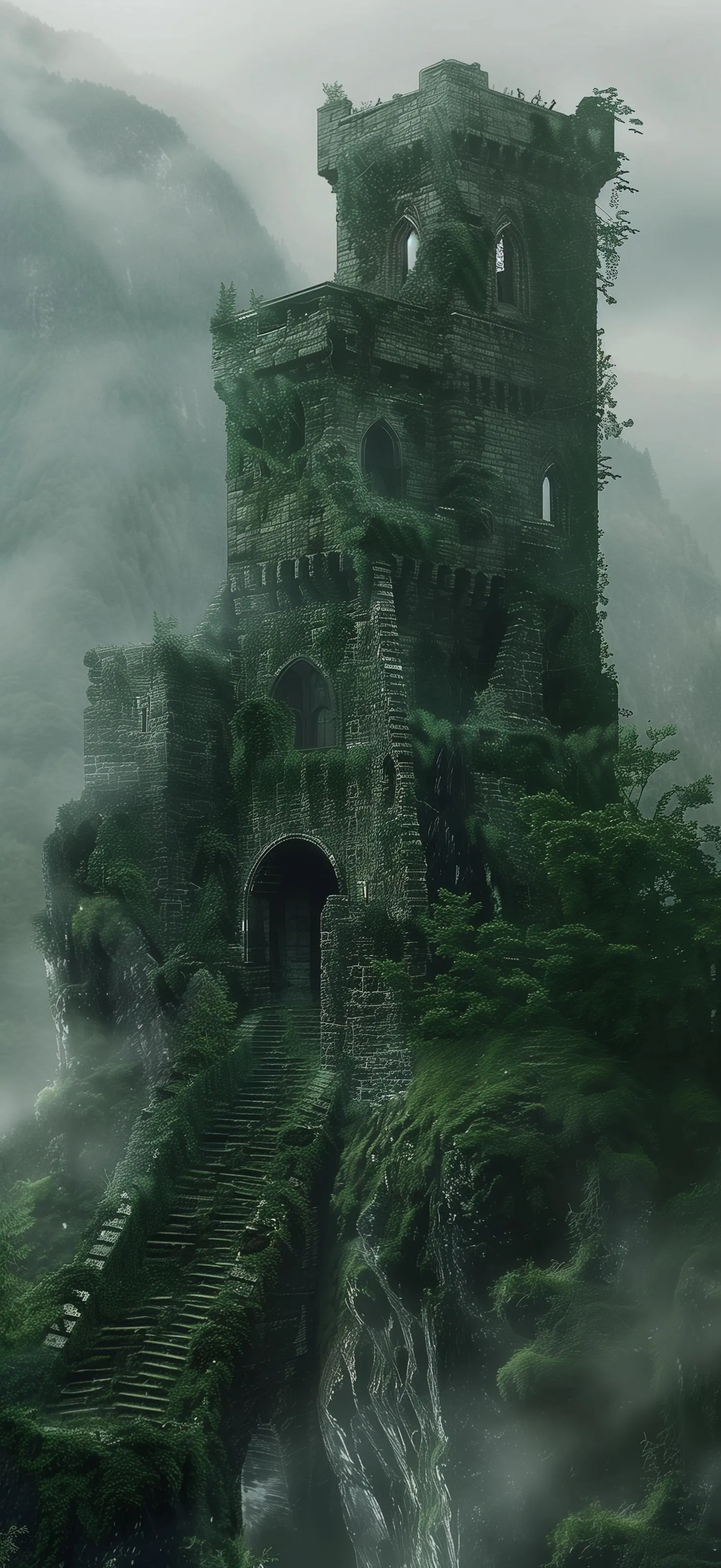 Fantasy Fortress Tower in Green Misty Forest Landscape