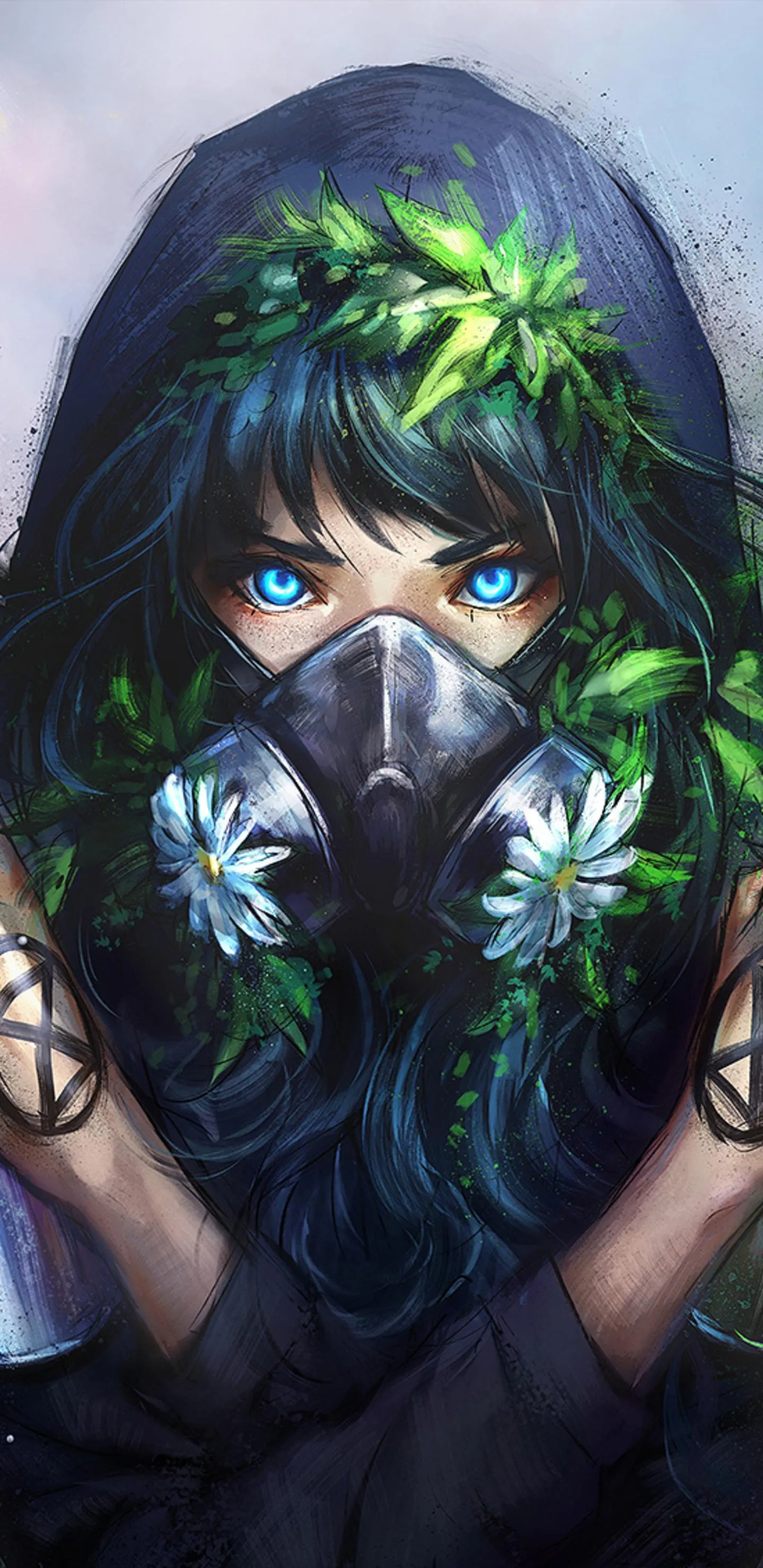 Fantasy Girl with Purle Hair and Glowing flowers Wallpaper