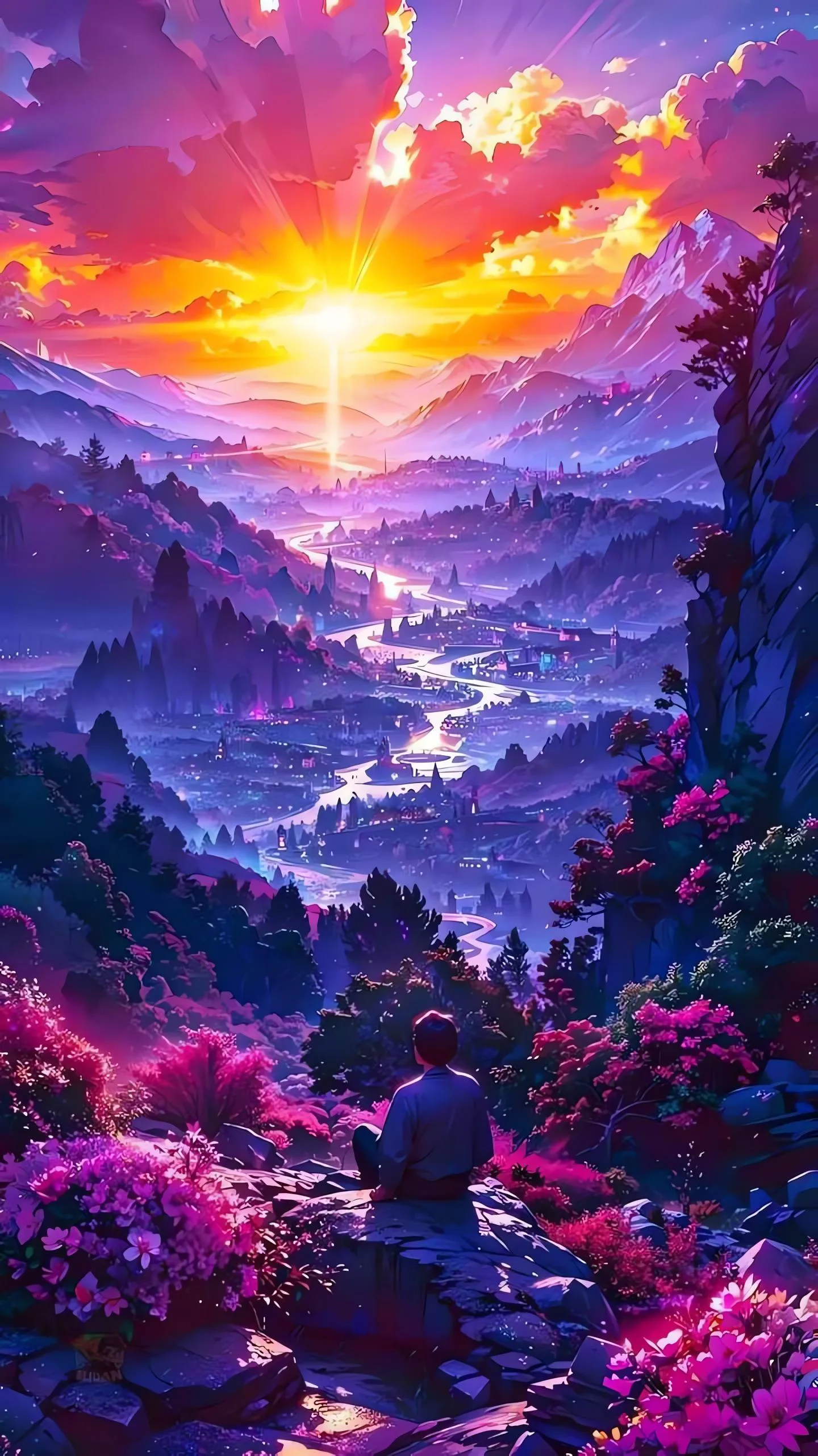 Fantasy Mountains with Glowing Trees and Sky Wallpaper