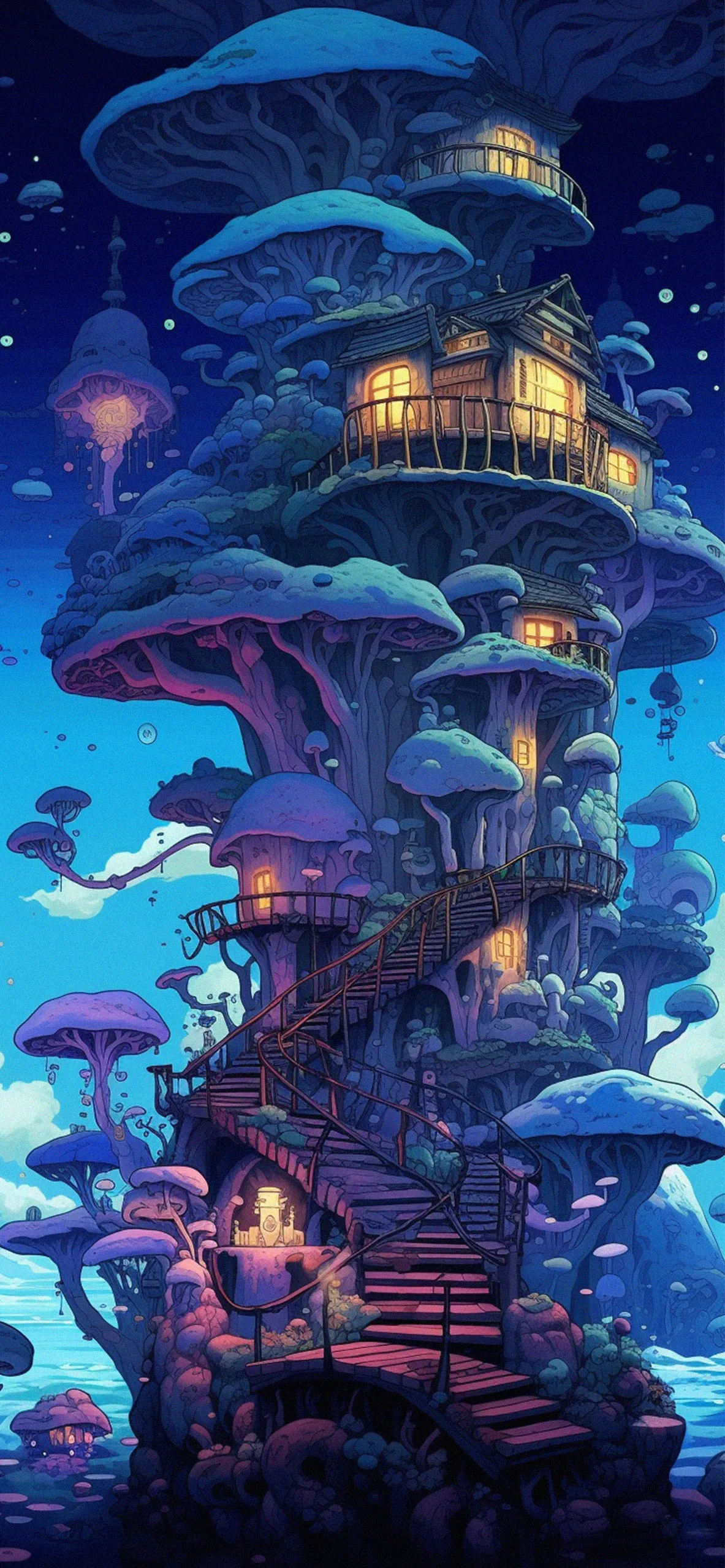 Fantasy mushroom house at night colourful 4k wallpaper art