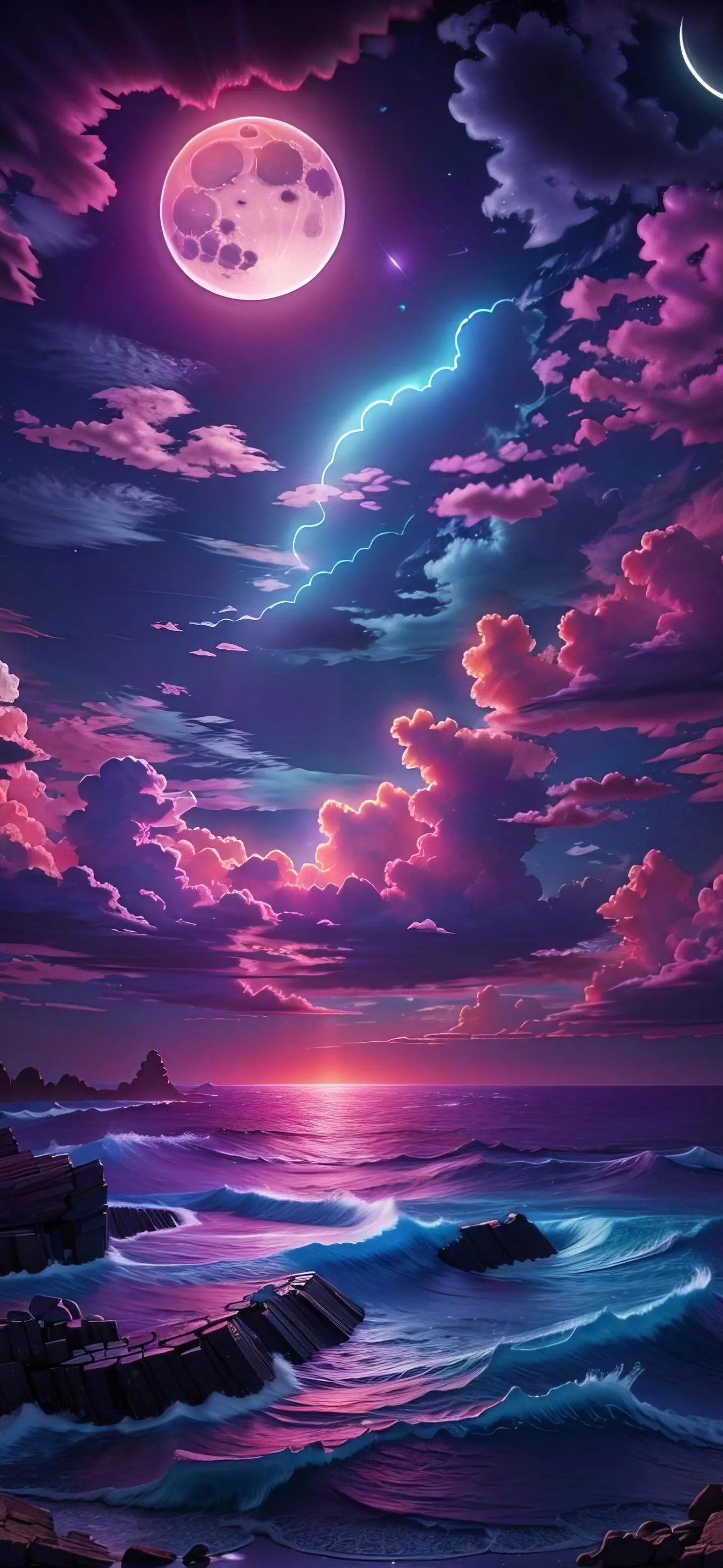 Fantasy Purple Moonlit Ocean with Magical Sky Landscape