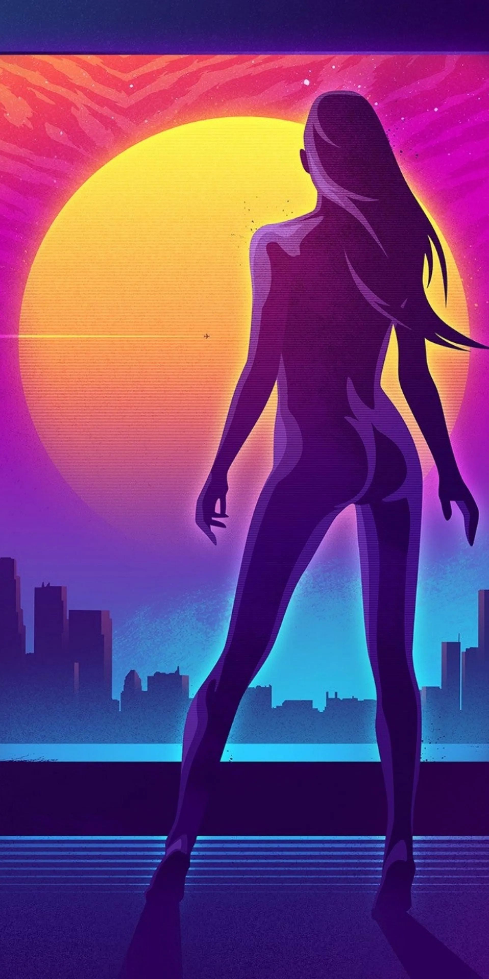 Female Silhouette with Neon Sunset and City Background