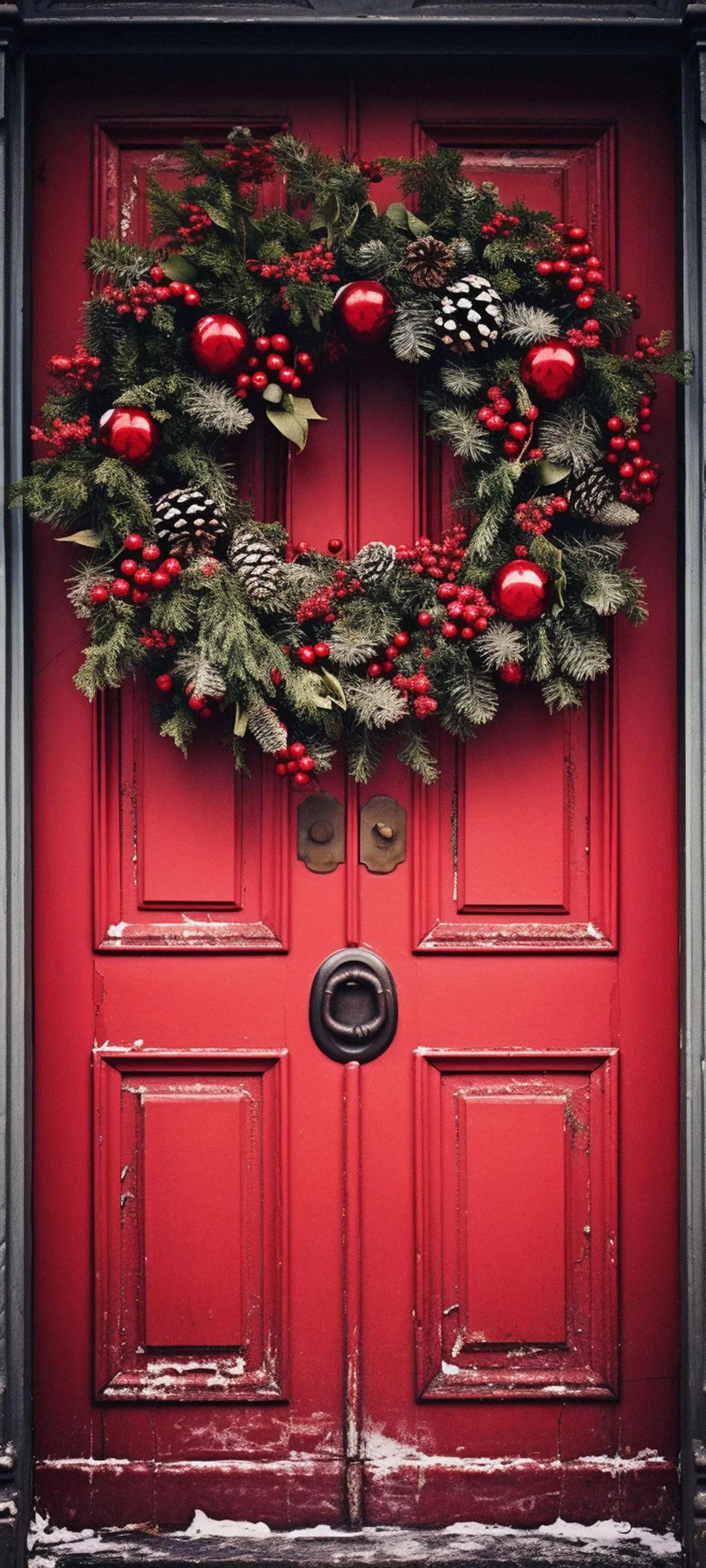 Festive Red Door Decorated with Beautiful Christmas Wreath