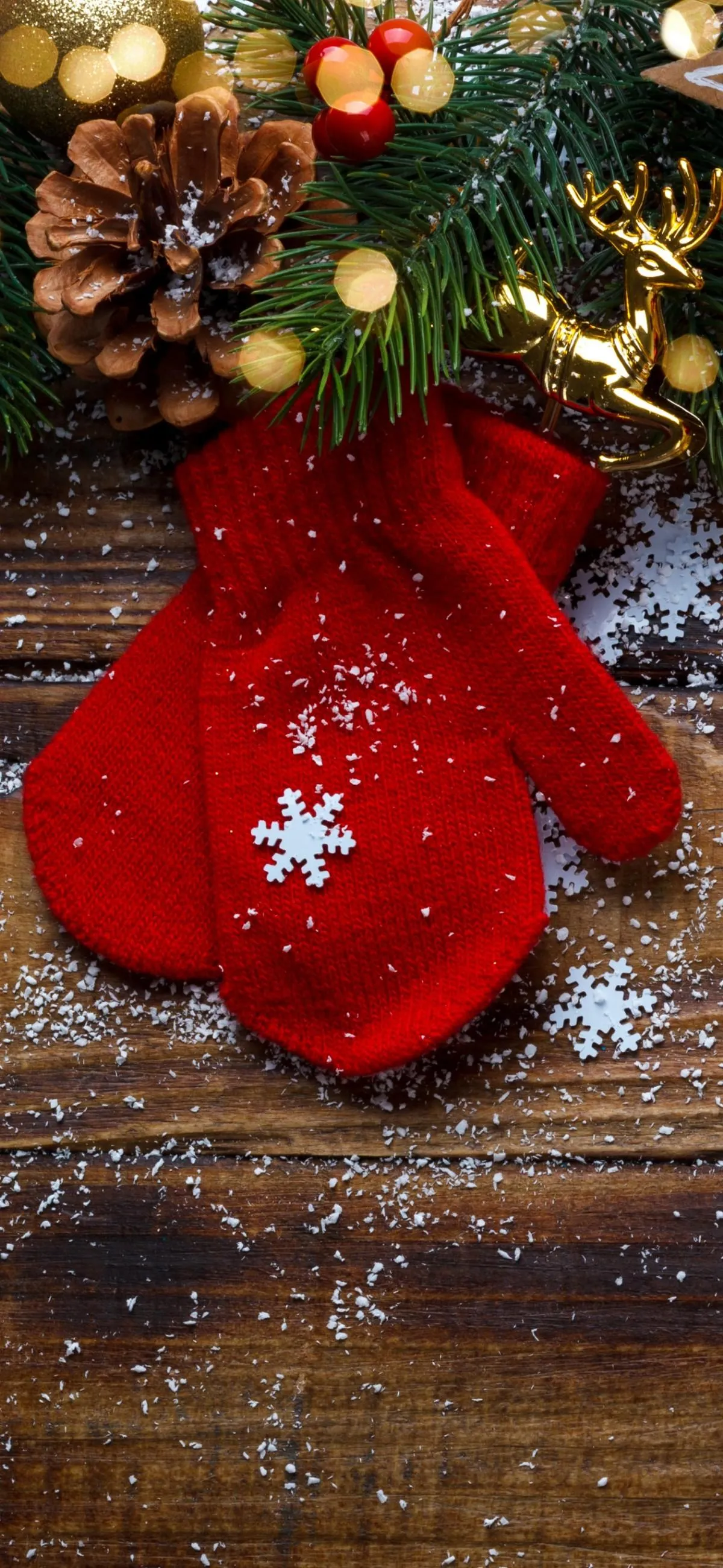 Festive Red Mittens with Christmas Tree and Decorations