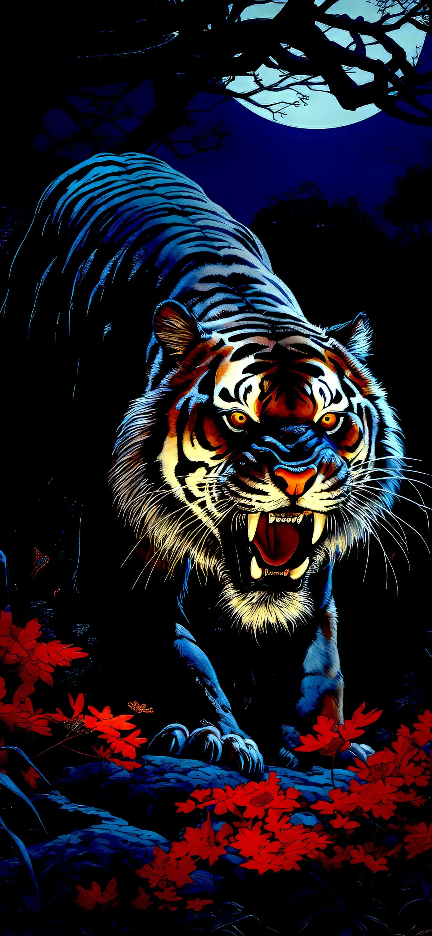 Fierce Glowing Tiger Roaring in Stylized Neon Night Scene
