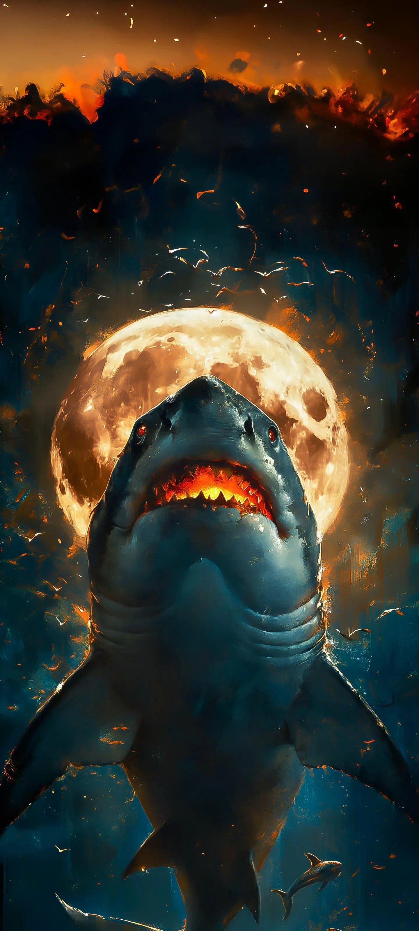 Fierce Shark Under Full Moon in Dark Ocean Scene Wallpaper