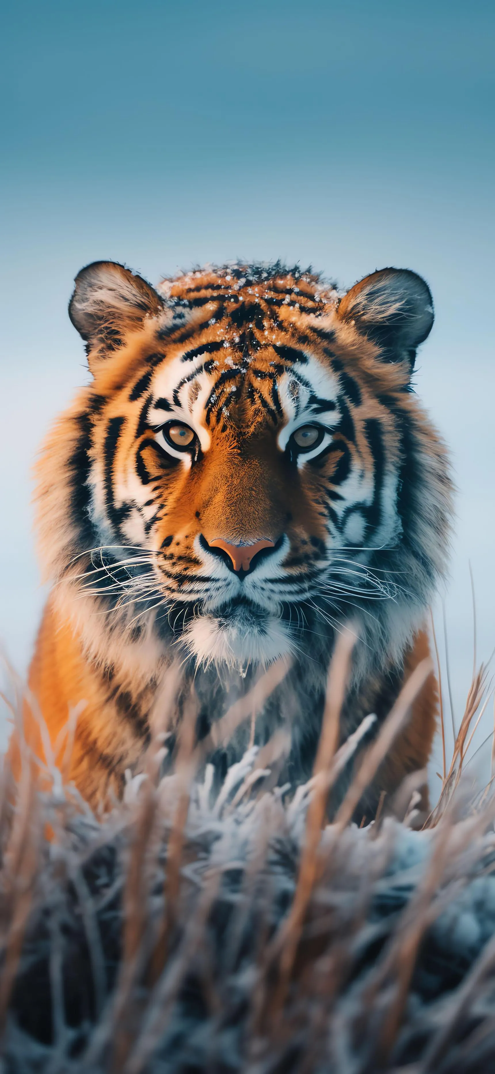 Fierce Tiger Staring on Light Blue Background Portrait