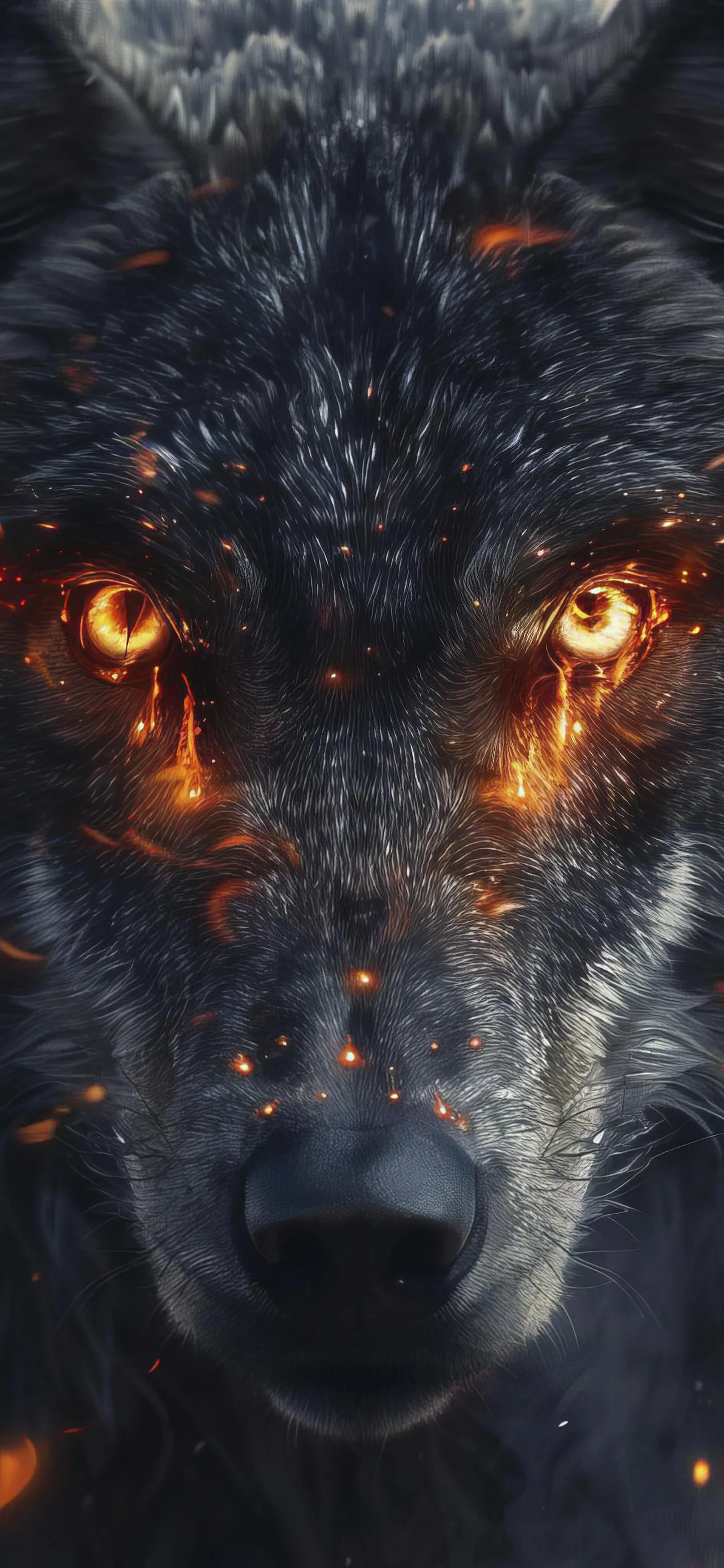 Fierce Wolf Eyes Glowing in Forest with Shadowy Fur