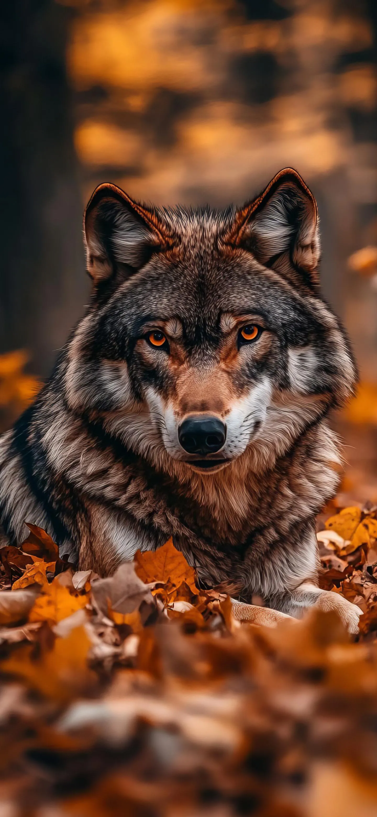 Fierce Wolf Sitting Calmly Among Autumn Leaves Wallpaper