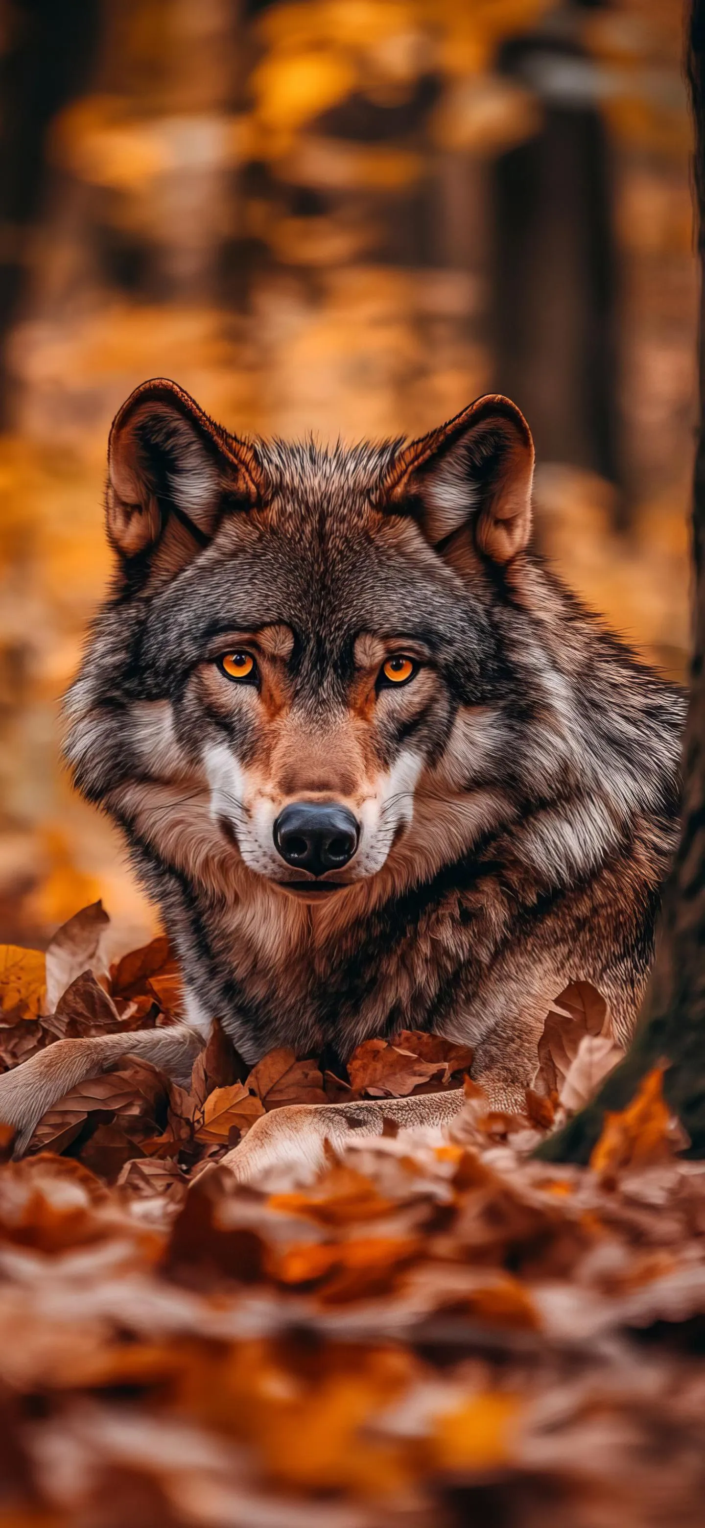 Fierce Wolf Staring in Autumn Forest with Fallen Leaves