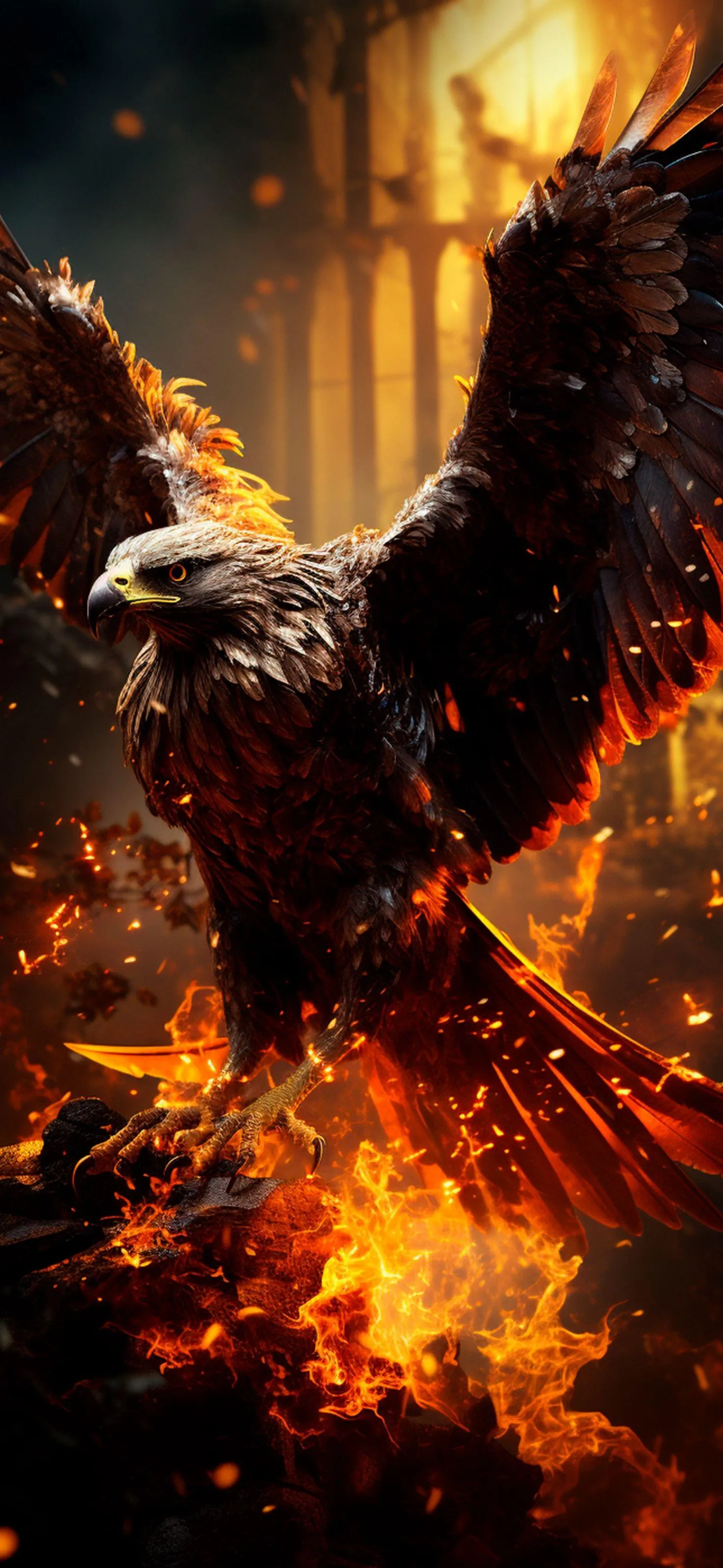 Fiery Phoenix Rising with Wings in Flames and Power