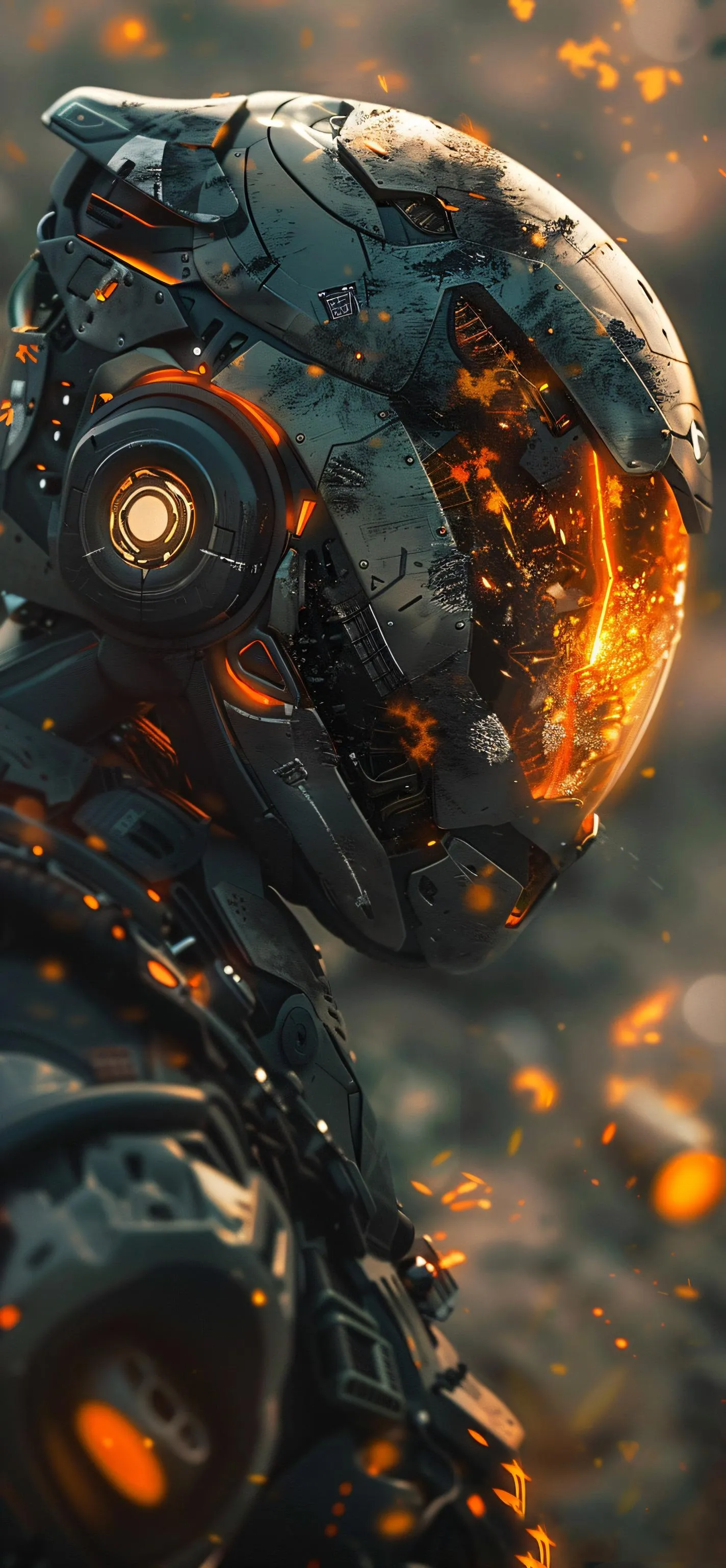 Fiery Robotic Machine with Glowing Core and Sparks