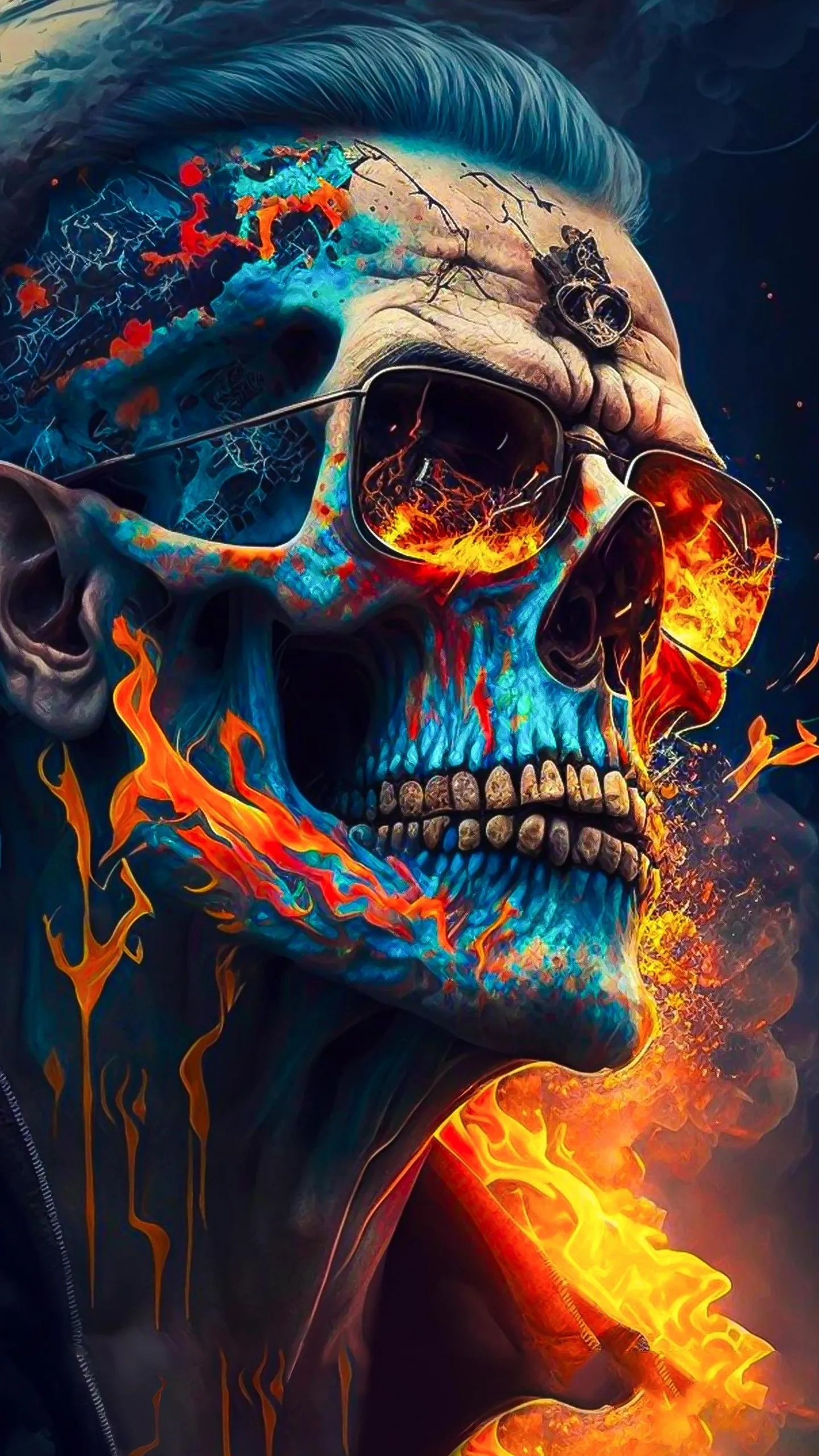 Fiery Skull Portrait with Bright Blue and Orange Flames