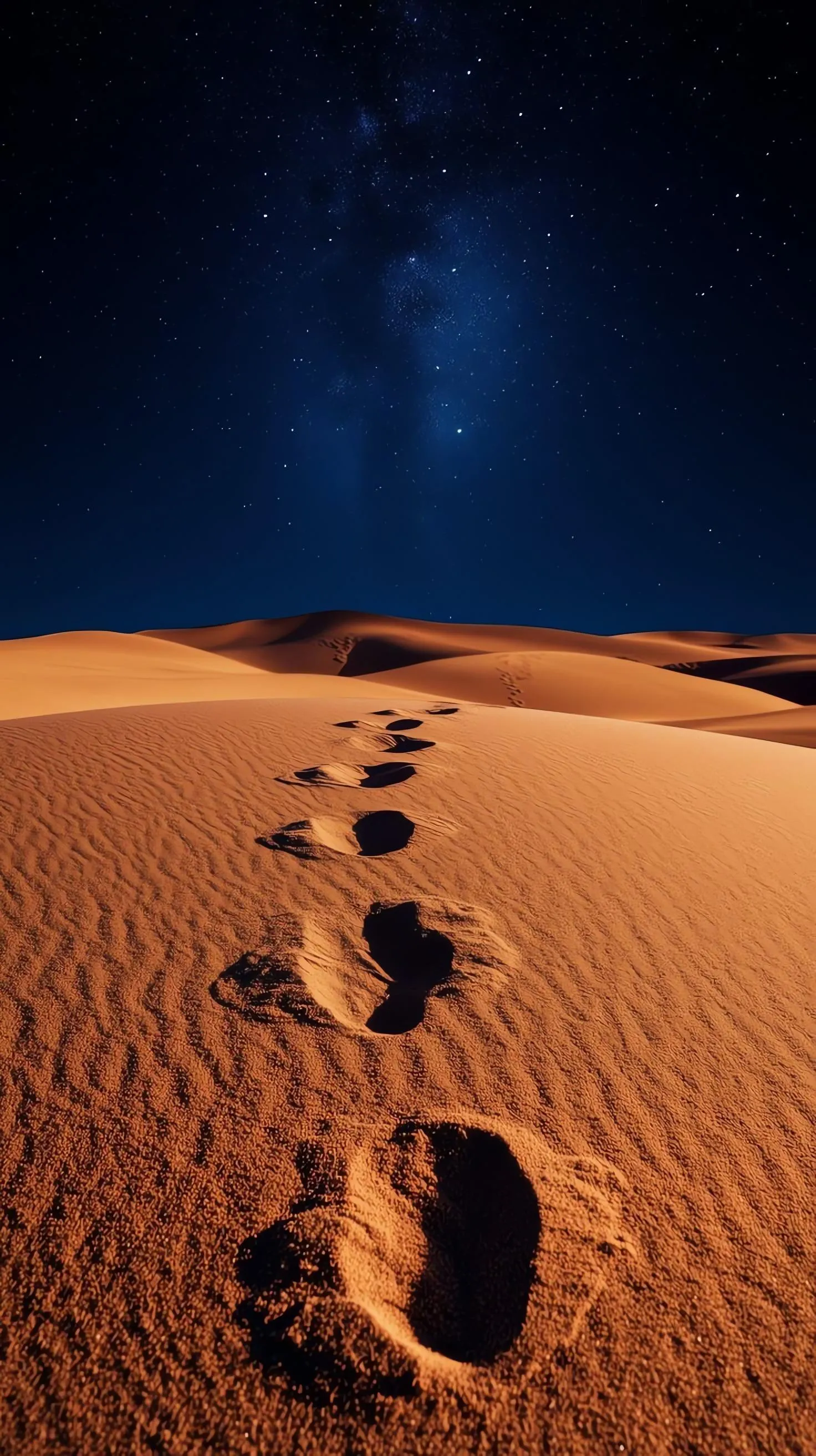 Footprints in Desert Sand Under Dark Night Sky Wallpaper