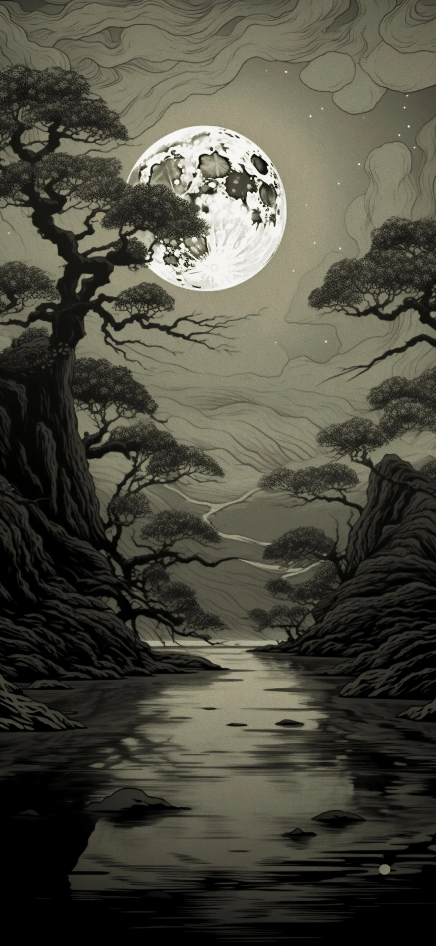 Forest Silhouette Under Full Moon with Cloudy Sky Wallpaper