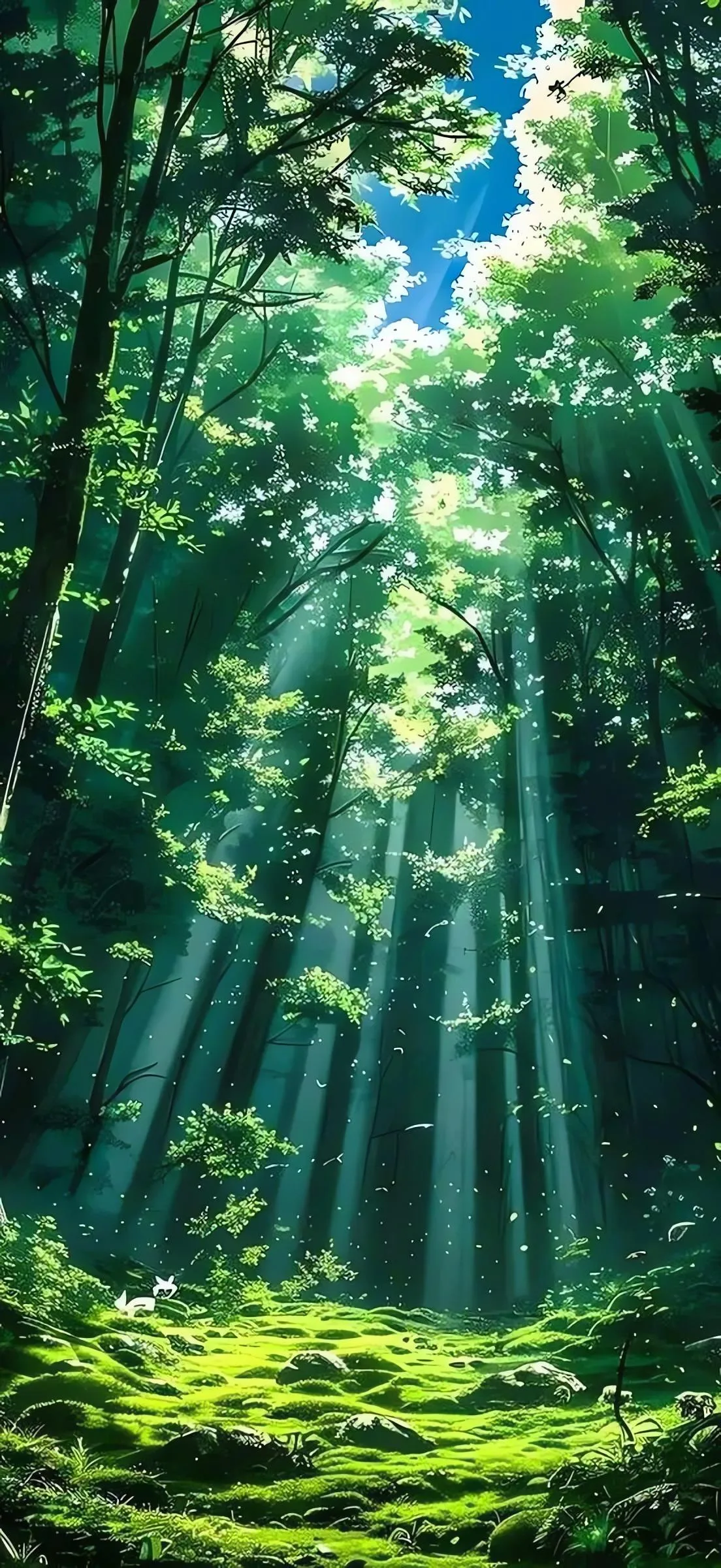 Forest Sunbeams Breaking Through Dense Green Trees