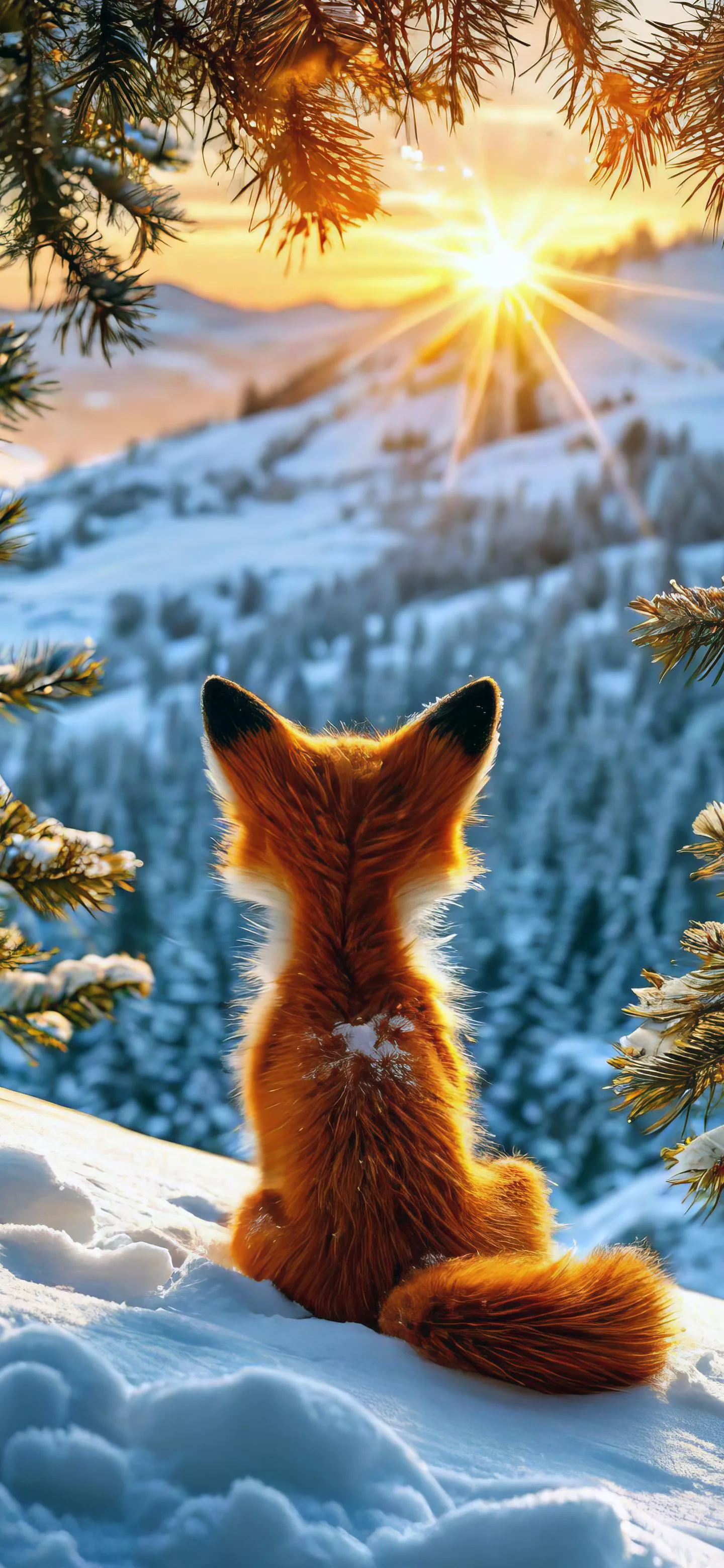 Fox Sitting in Snowy Forest Watching Sunrise Wallpaper