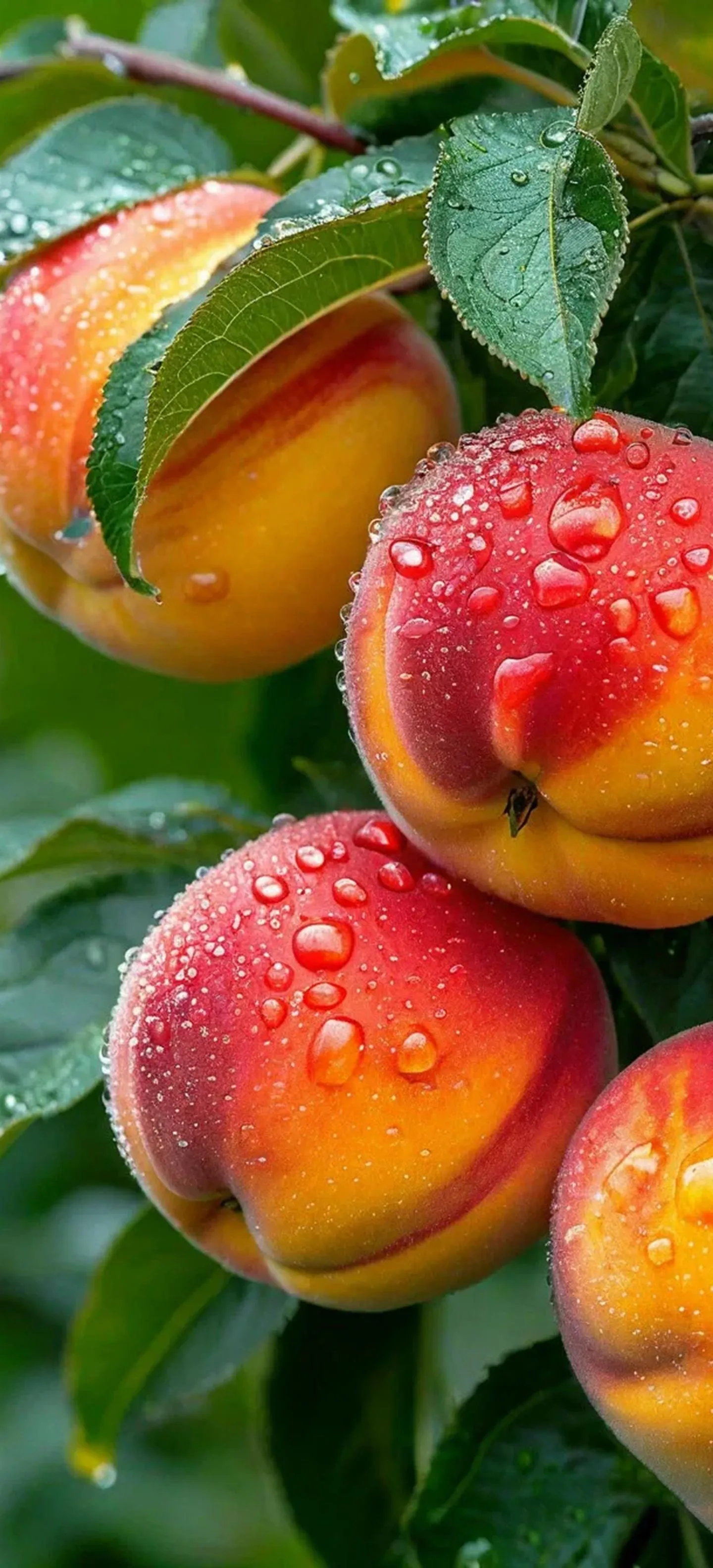Fresh Peaches Hanging from Branch in Green Orchard