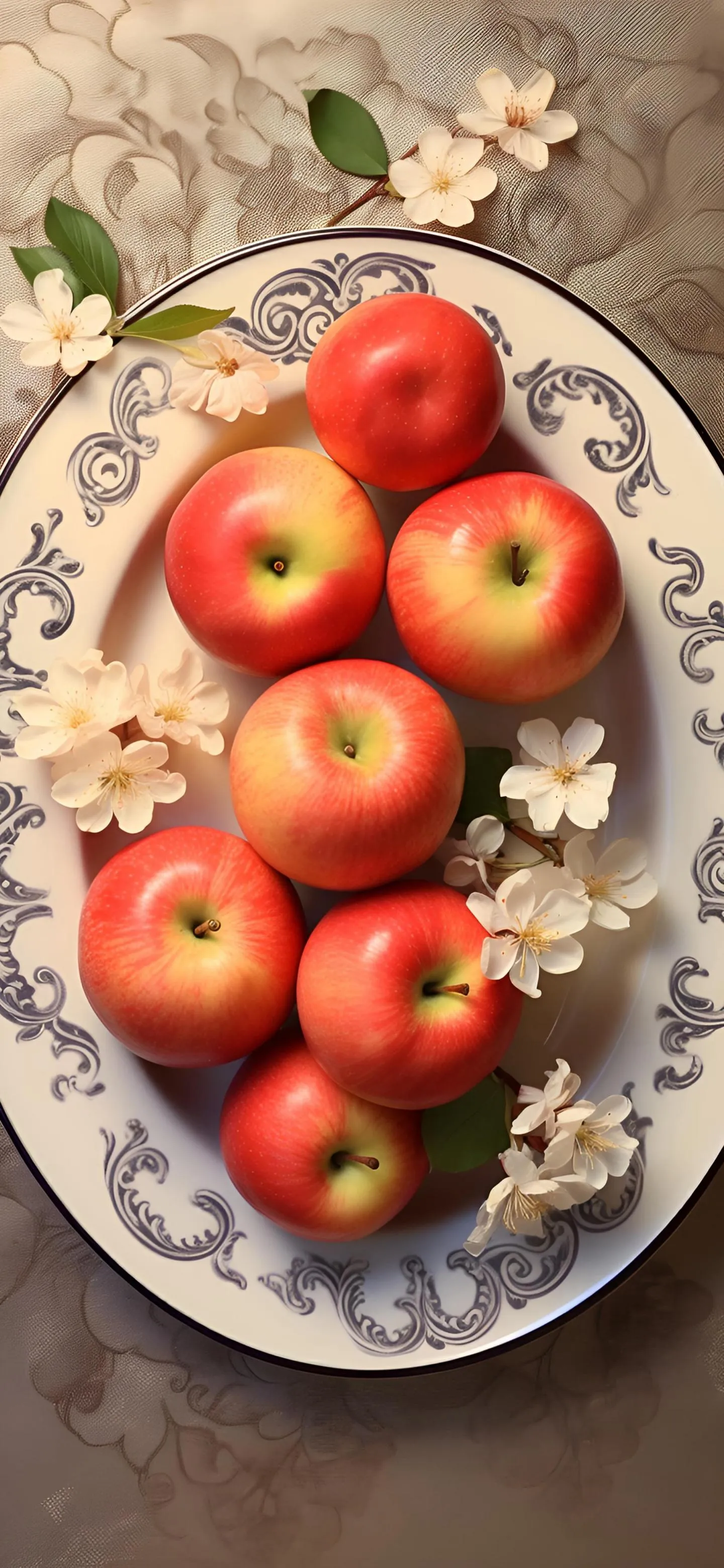 Fresh red apples placed on a rustic plate top view Wallpaper