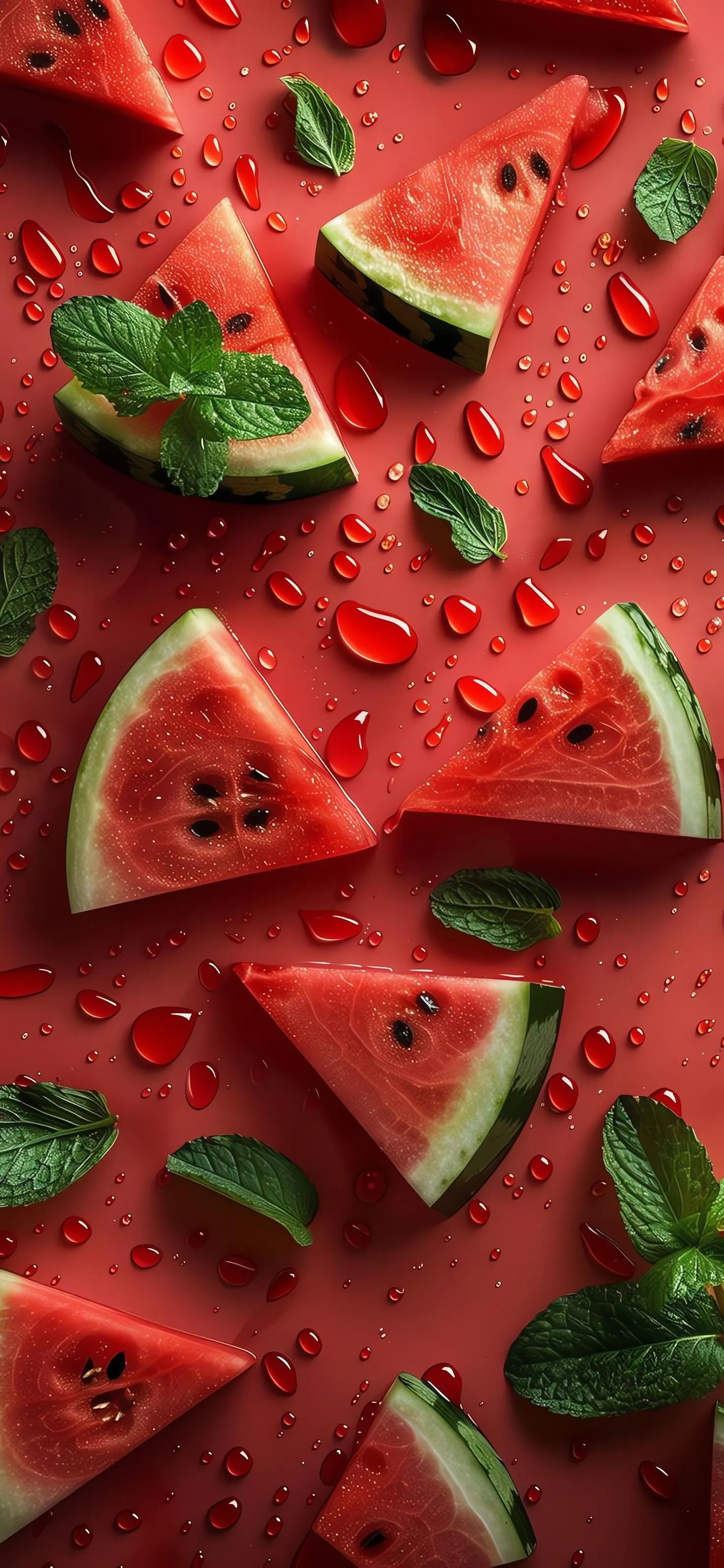 Fresh watermelon slices scattered on table surface Wallpaper