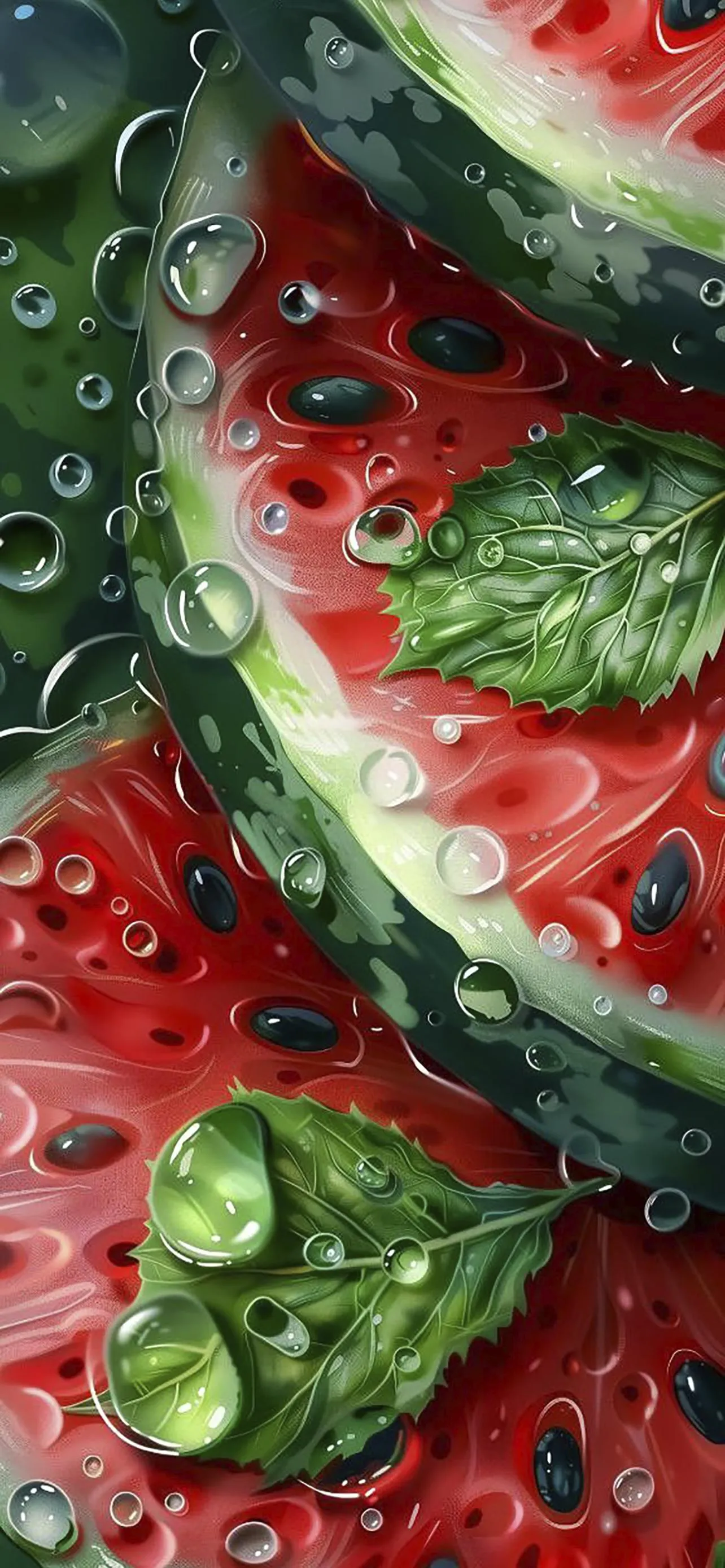 Fresh Watermelon Slices with Mint Leaves and Water Drops