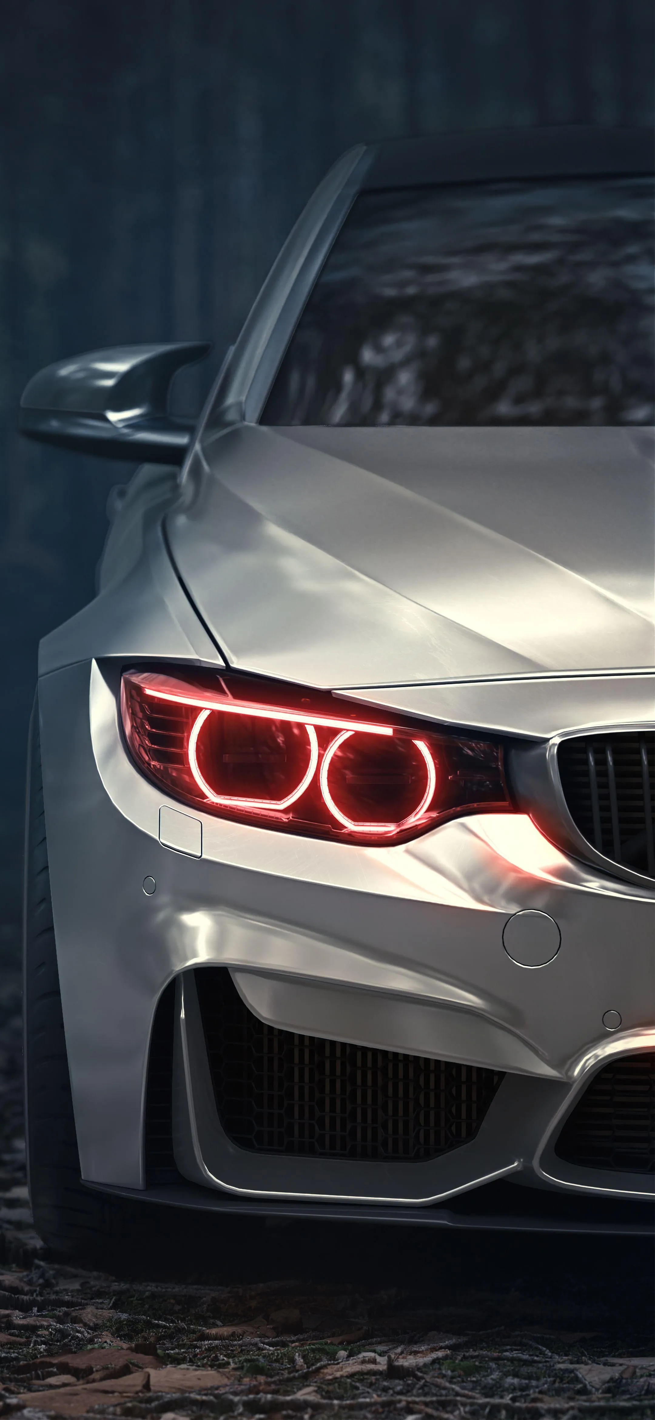 Front View of Sport Car with Red Headlights in Dark