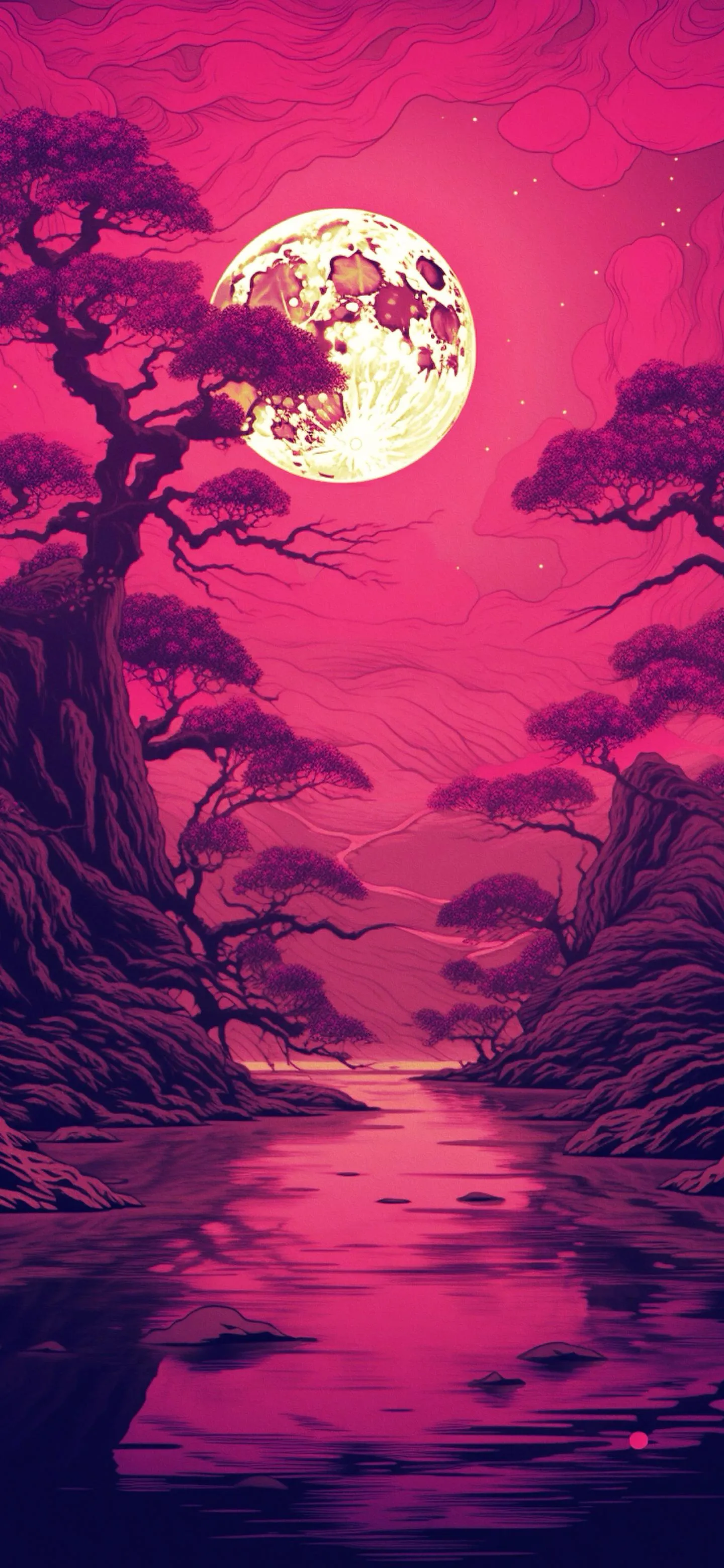 Full moon glowing pink over serene purple forest landscape