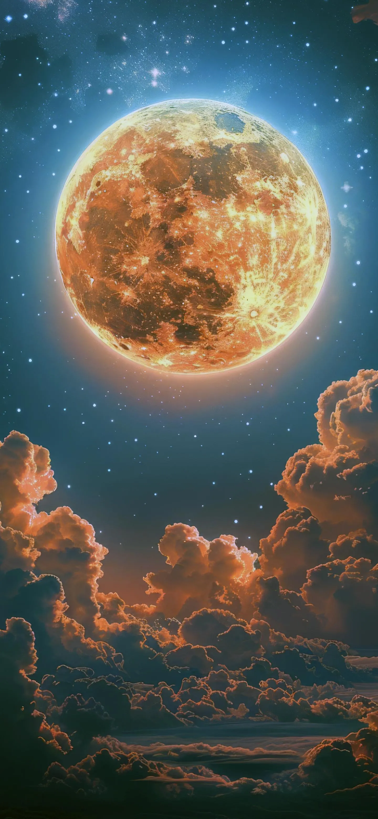 Full Moon in Vibrant Sky Over Clouds and Horizon Wallpaper