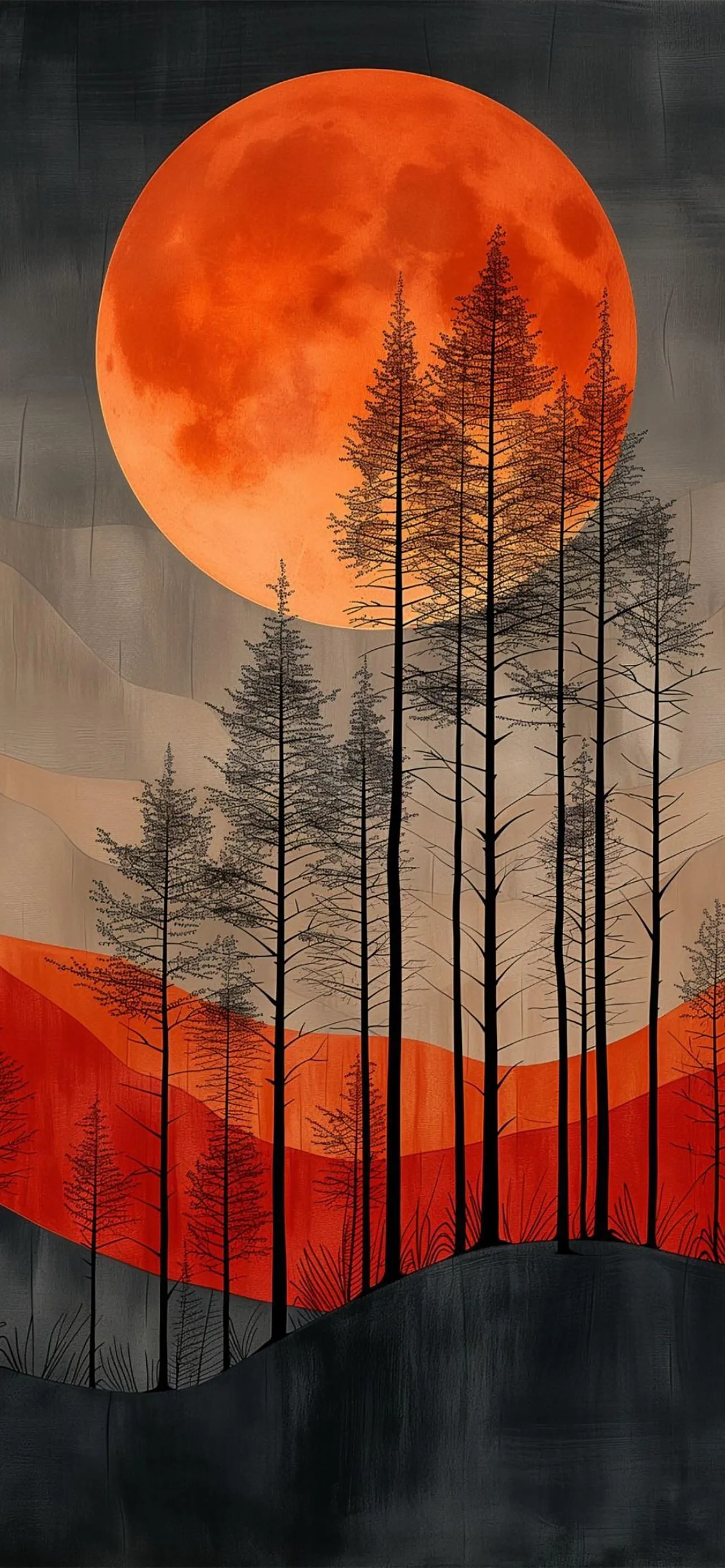 Full Moon Rising Behind Trees with Red and Orange Sky