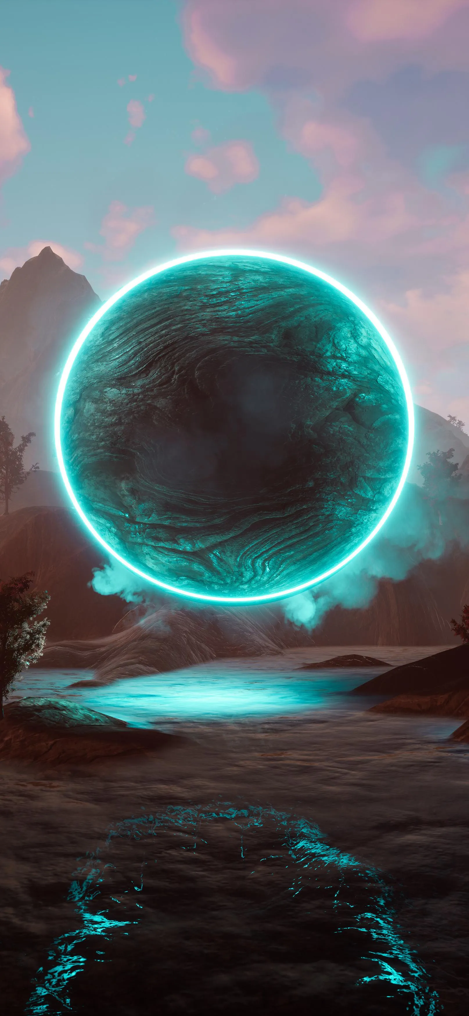 Futuristic Blue Neon Circle Over Rocky Surface Wallpaper