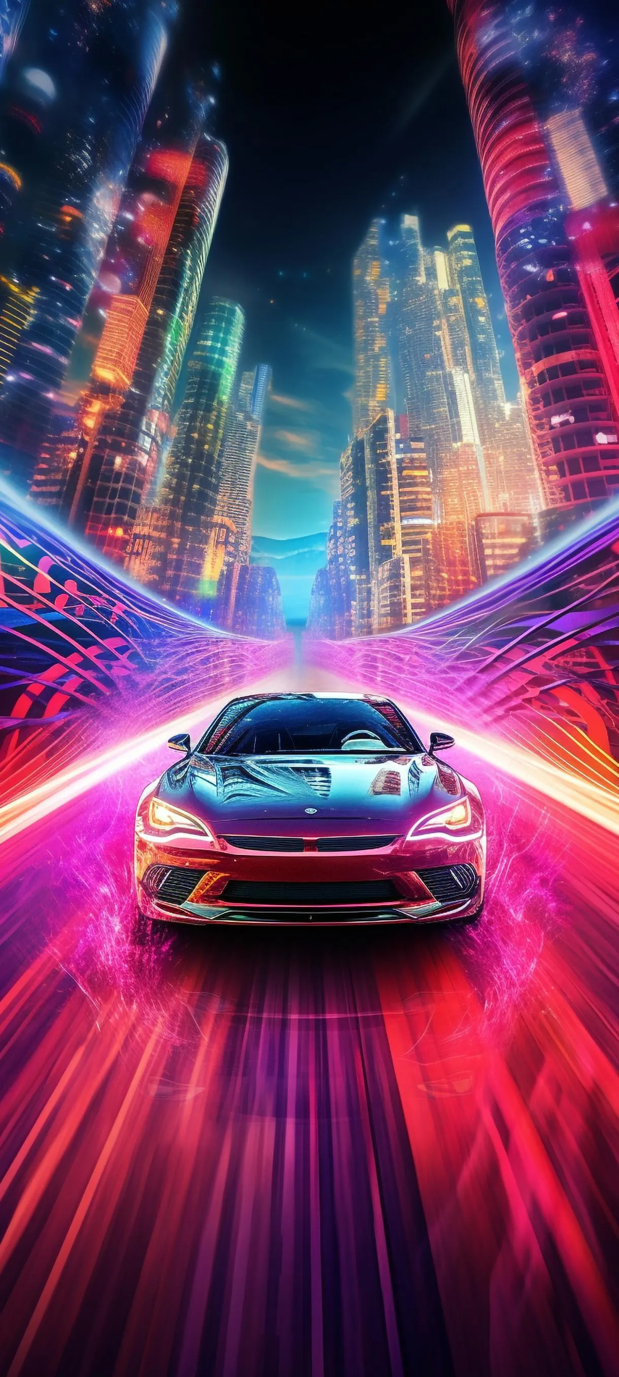 Futuristic Car Racing in Neon City Lights Wallpaper