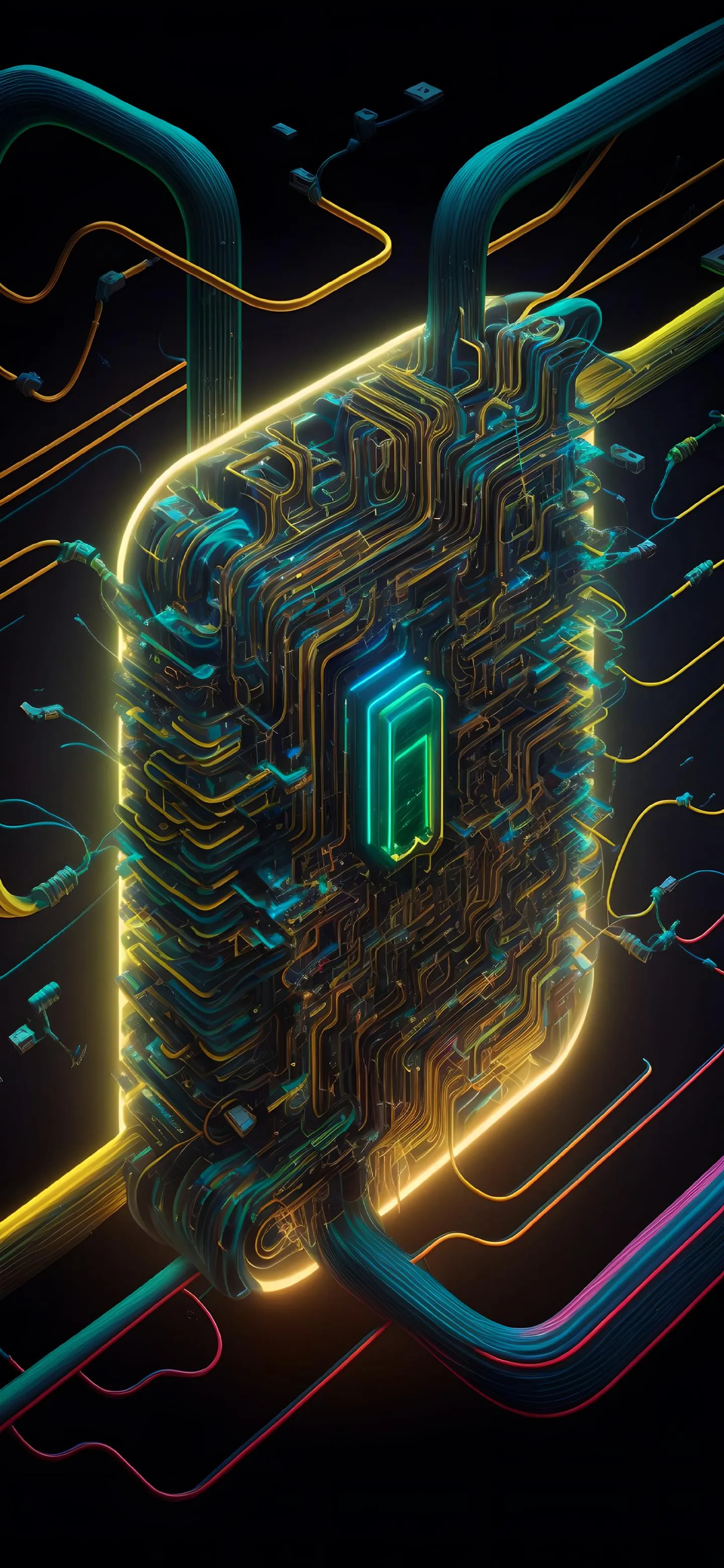 Futuristic Circuit Core with Glowing Neon Energy Connections