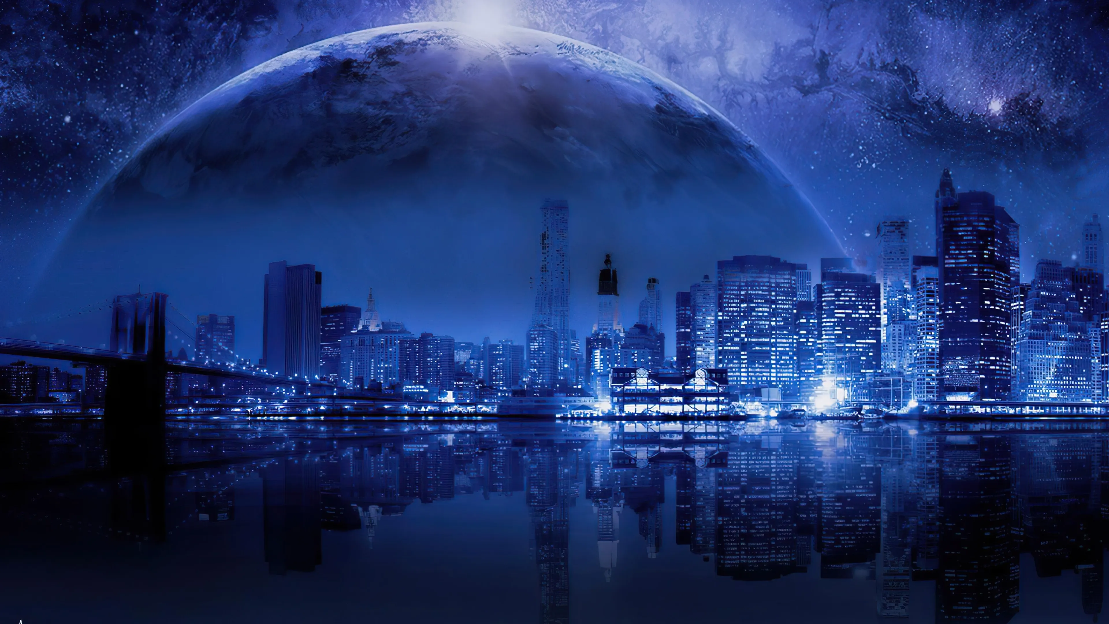 Futuristic city skyline with glowing blue planet Wallpaper