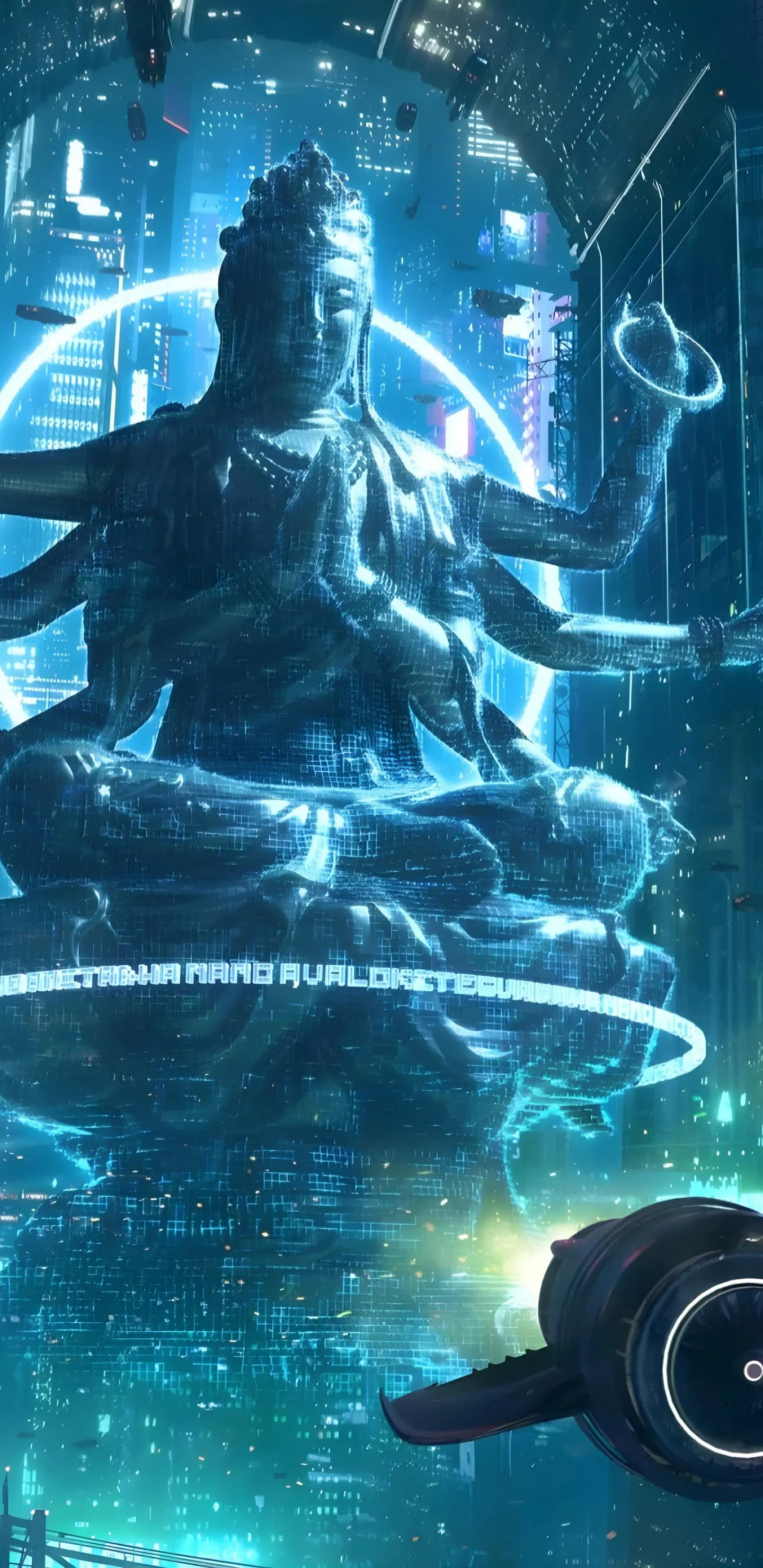 Futuristic City with Holographic Deity in Cyberpunk World