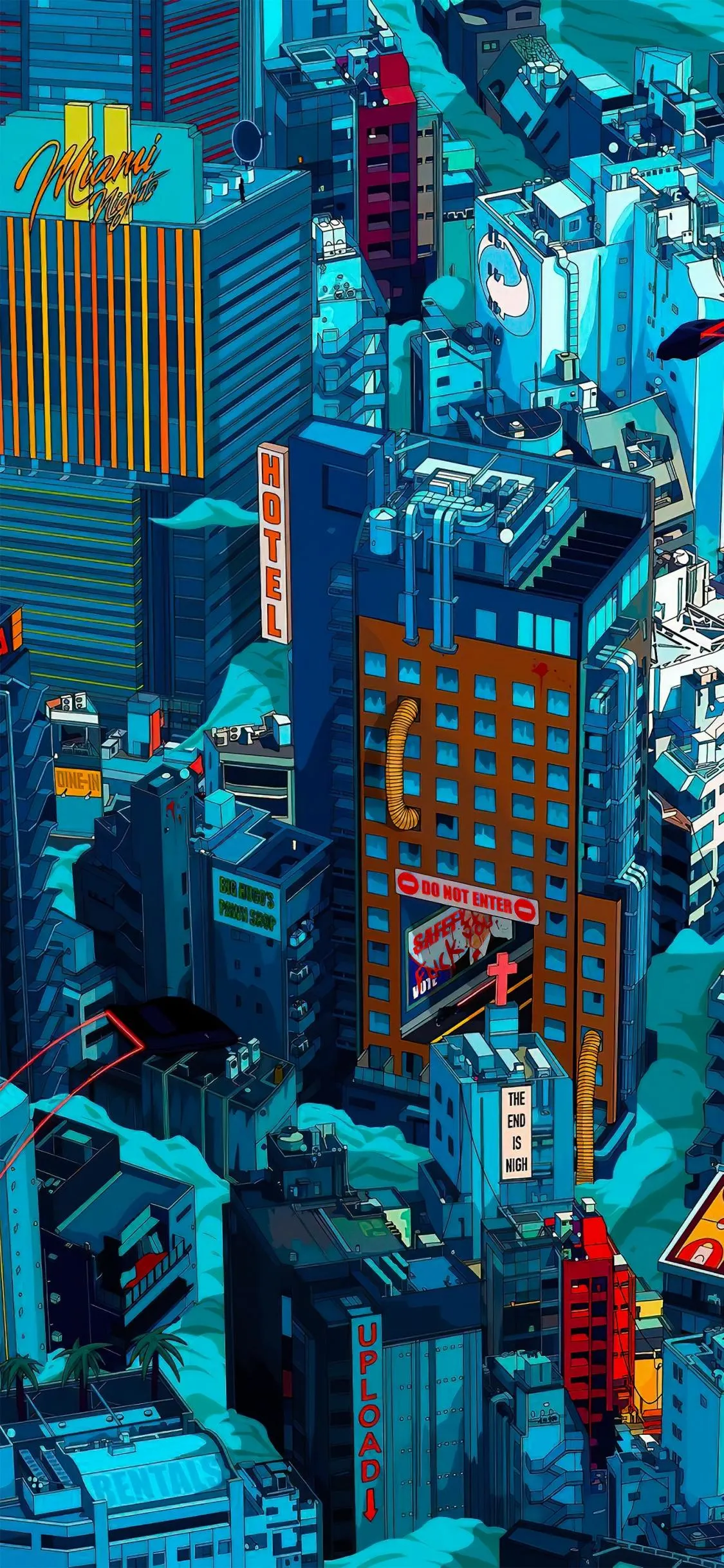 Futuristic Cityscape in Neon Blue Lighting Wallpaper