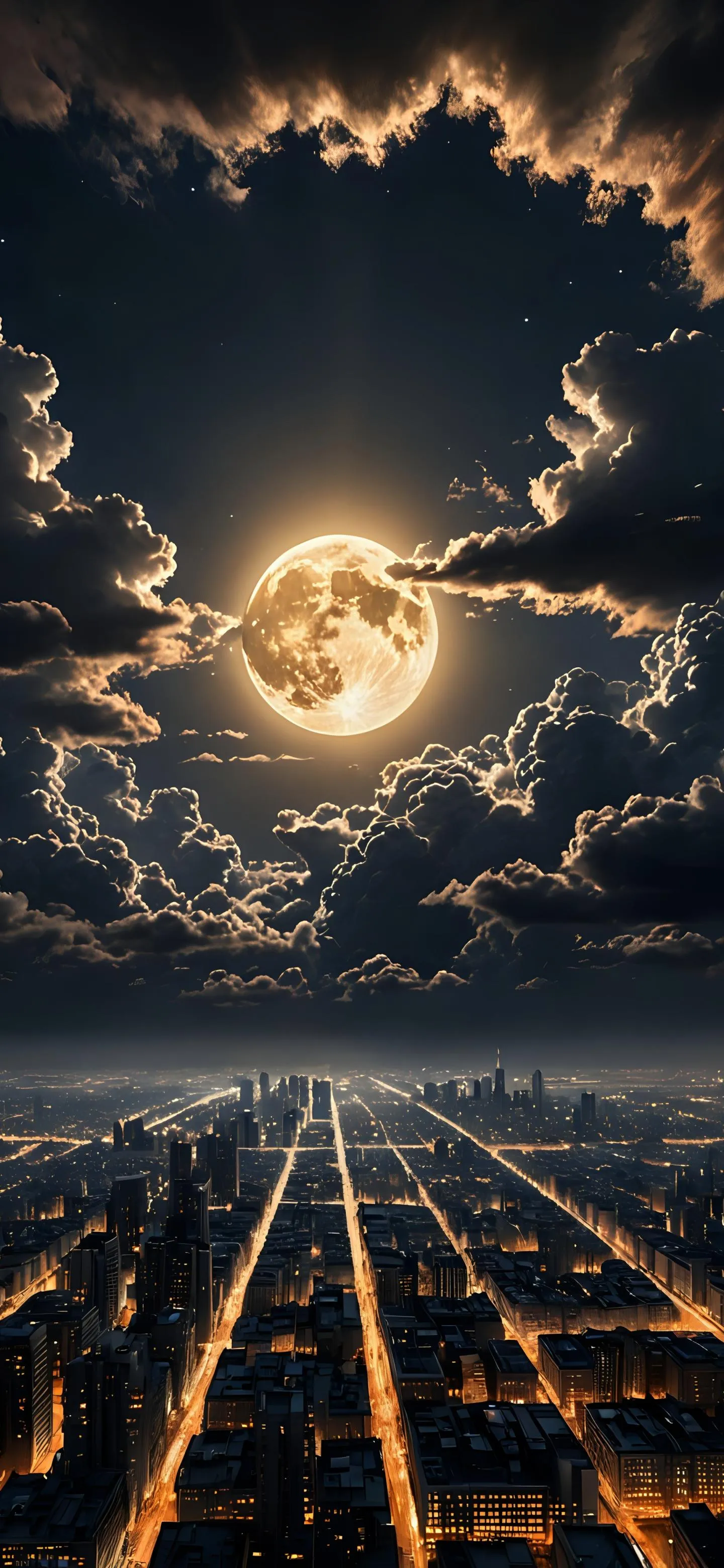 Futuristic Cityscape with Full Moon and Grid Wallpaper