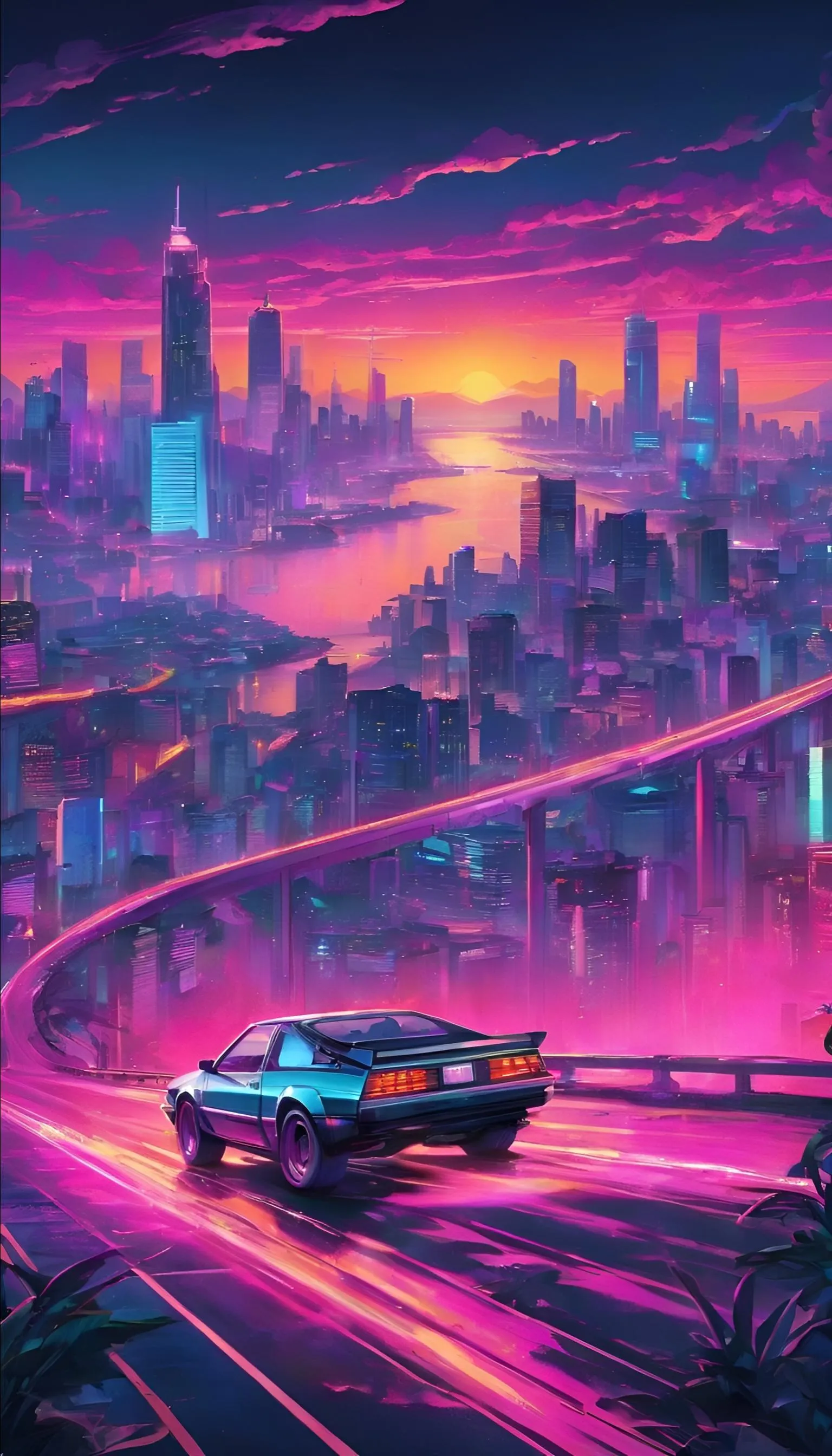 Futuristic Neon Car in Cyberpunk City with Glowing Lights